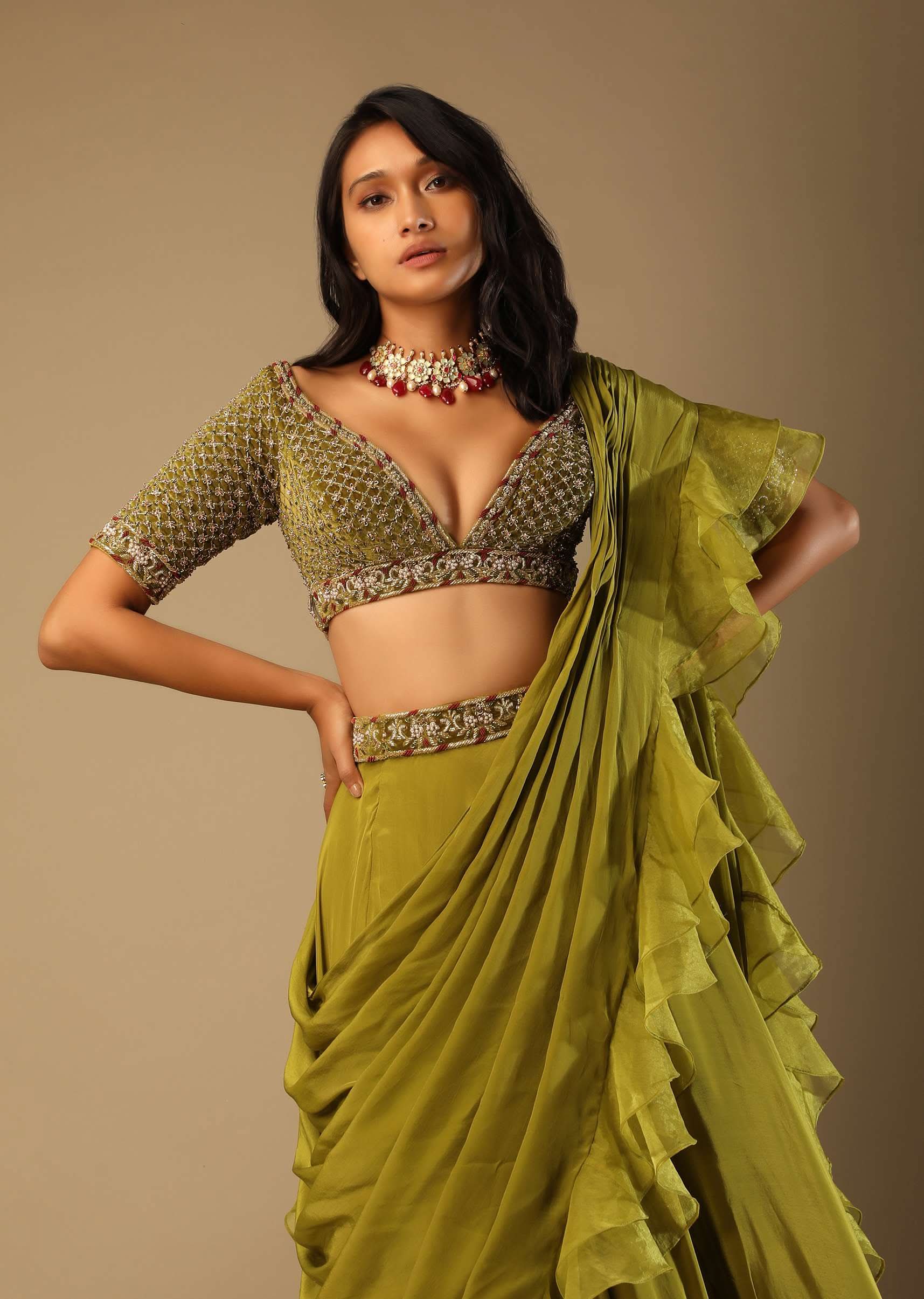 Moss Green Lehenga Saree In Crepe With Frill Drape And Hand Embroidered Choli Using Cut Dana Jaal - Image 2