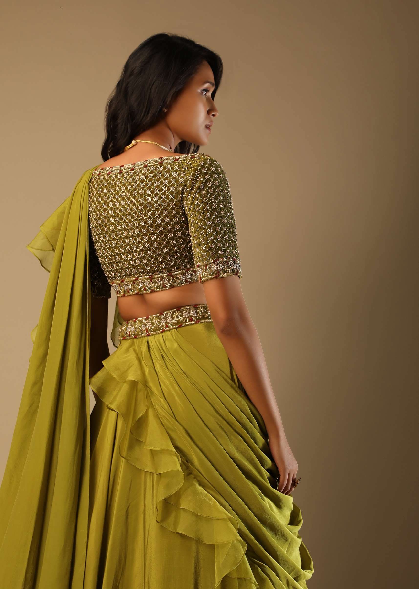 Moss Green Lehenga Saree In Crepe With Frill Drape And Hand Embroidered Choli Using Cut Dana Jaal - Image 4