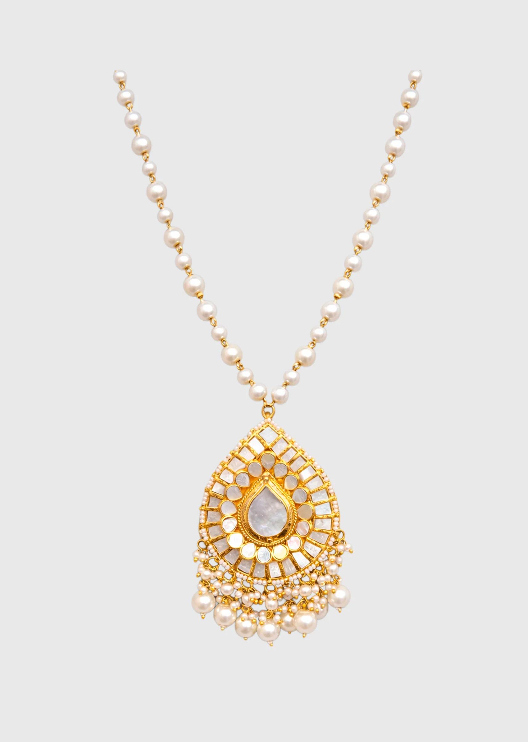 Mother Of Pearl And Kundan Long Necklace Set - Image 2