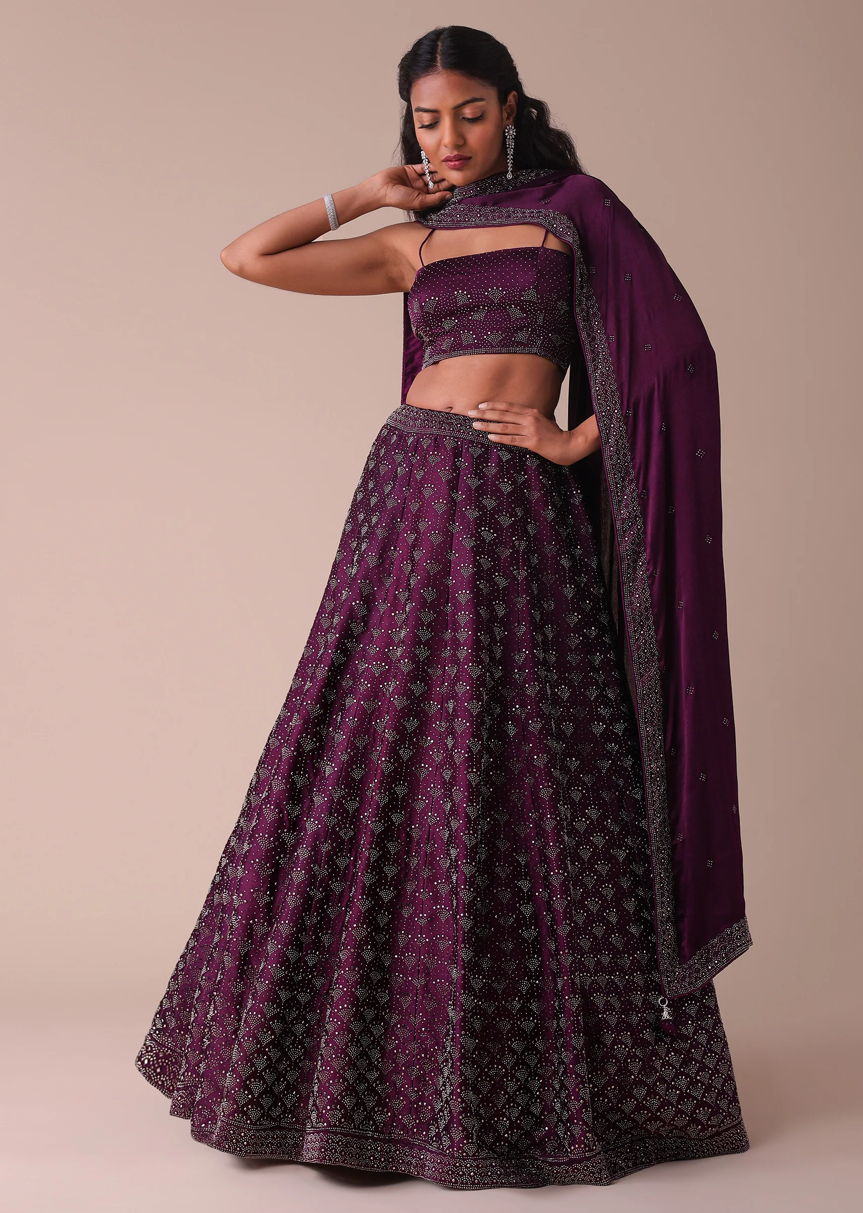 Mulberry Purple Wrinkle Satin Lehenga With Swarovski Crystals - Image 6