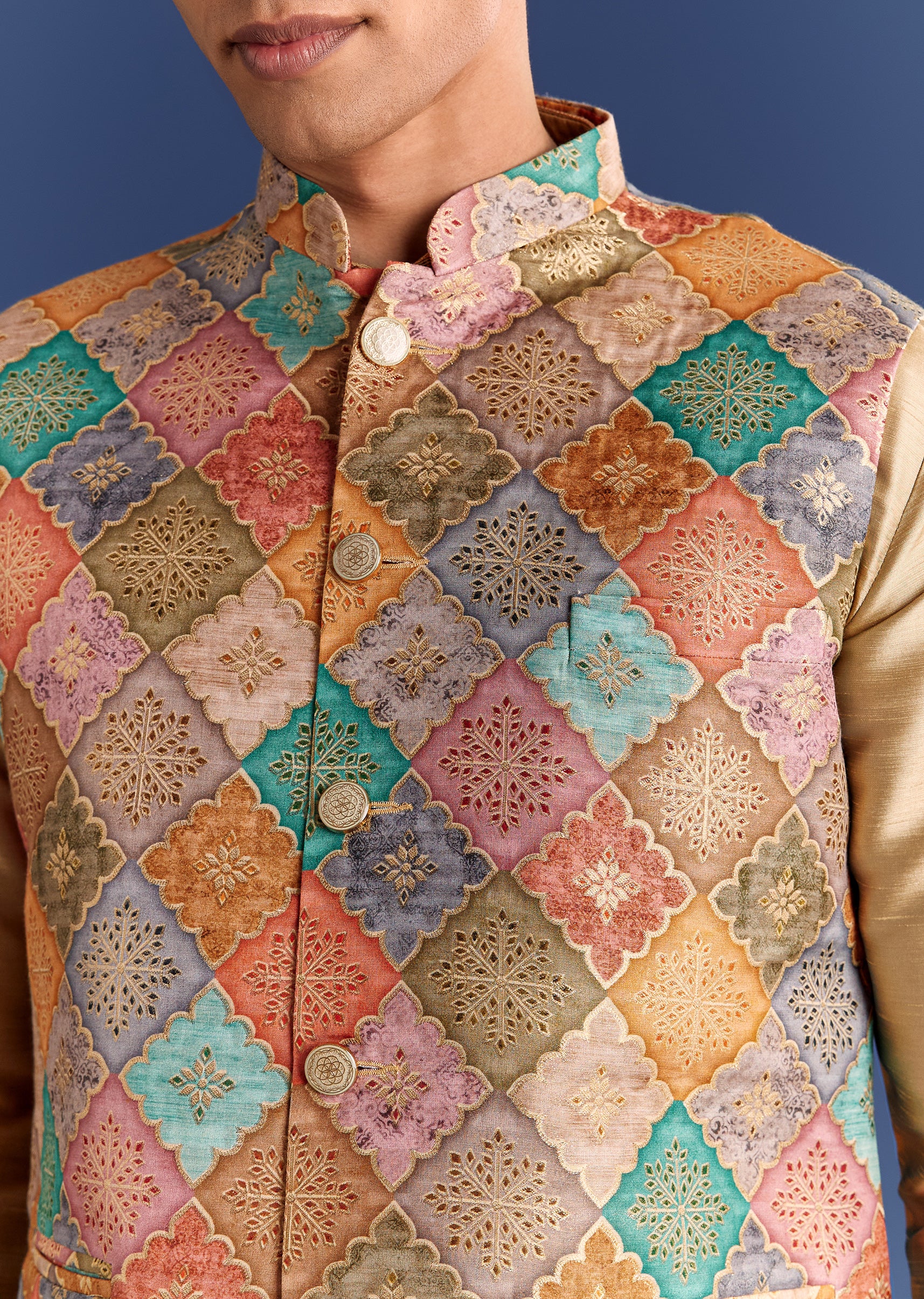 Multi Brocade Kurta Jacket Set With Symmetric Prints - Image 2