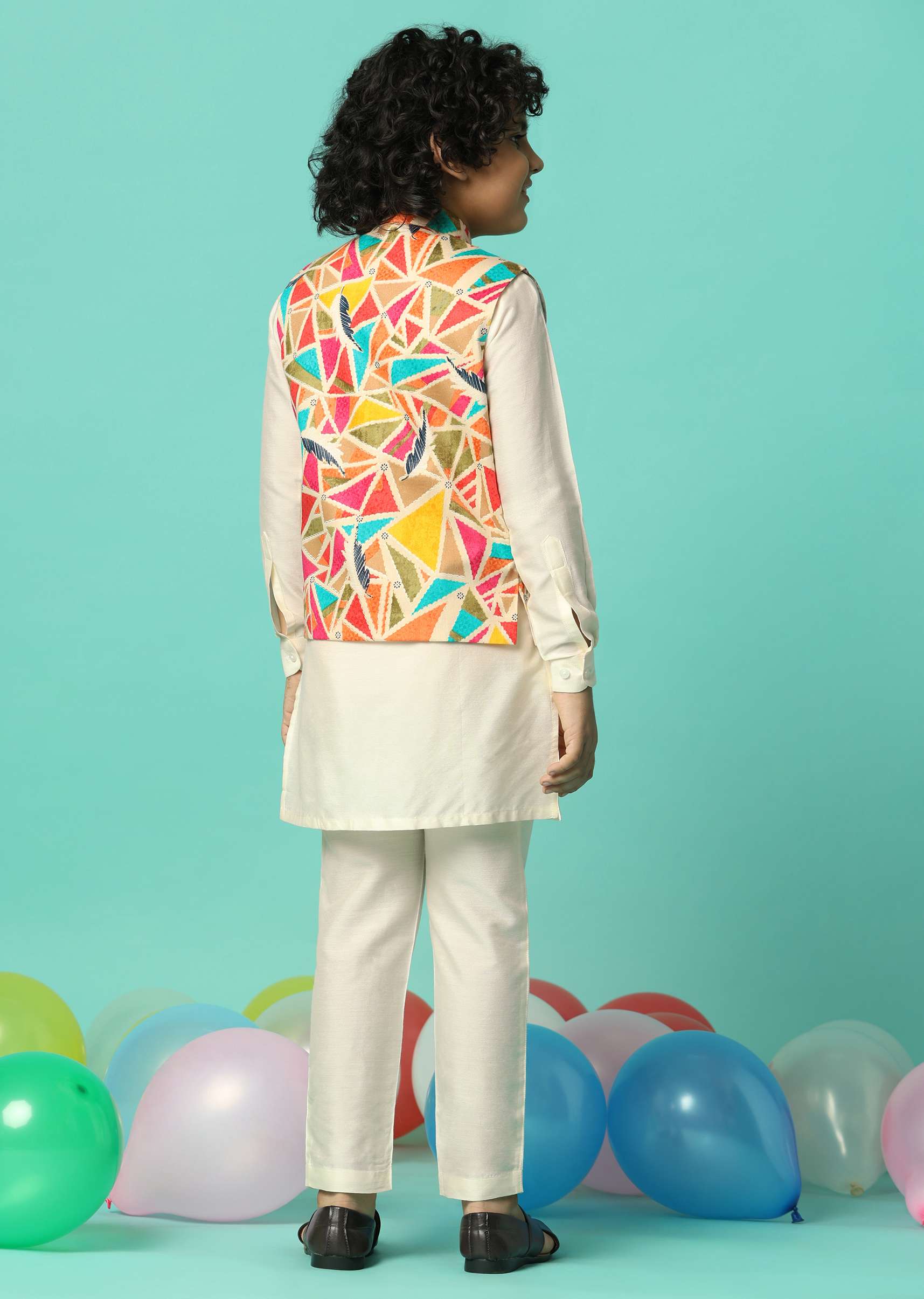 Multi-Colored Festive Jacket Kurta Set For Boys - Image 5