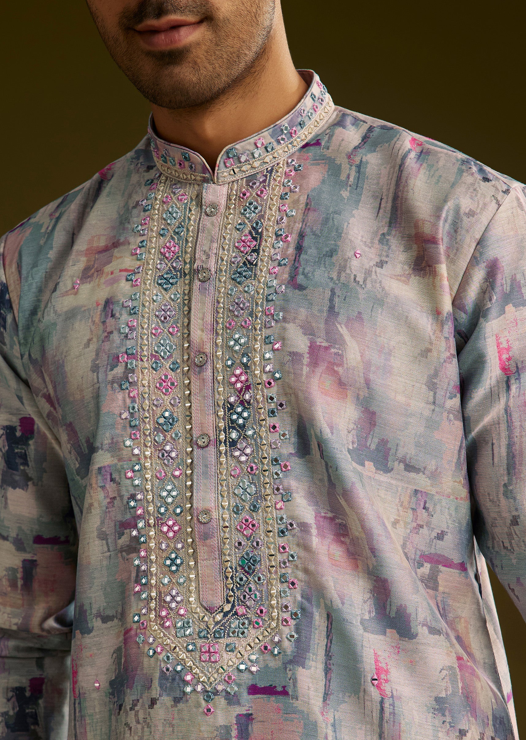 Multi Colored Silk Kurta Set With Abstract Print - Image 3