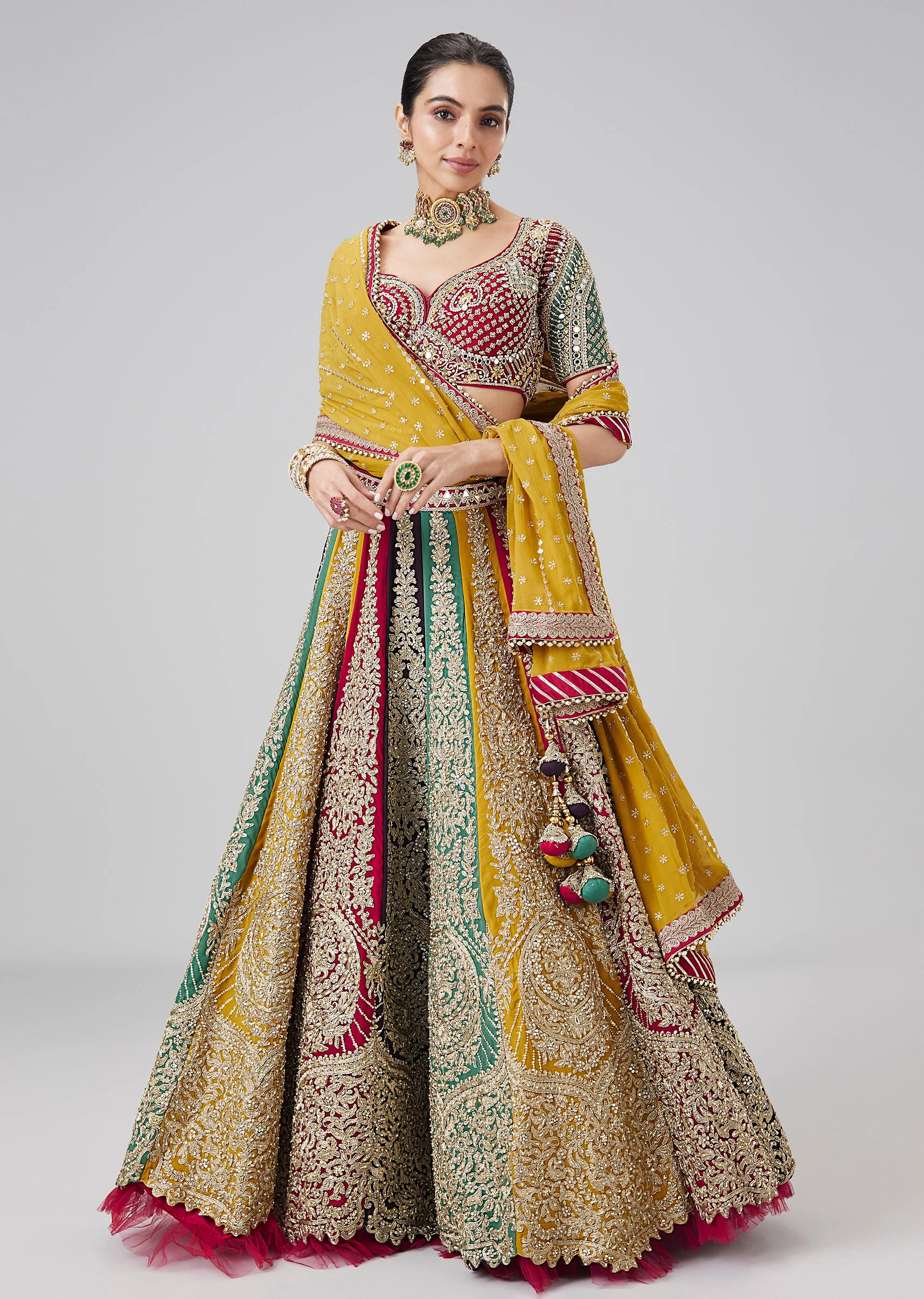 Multi Coloured Embroidered Kali Lehenga Set With Dupatta - Image 3