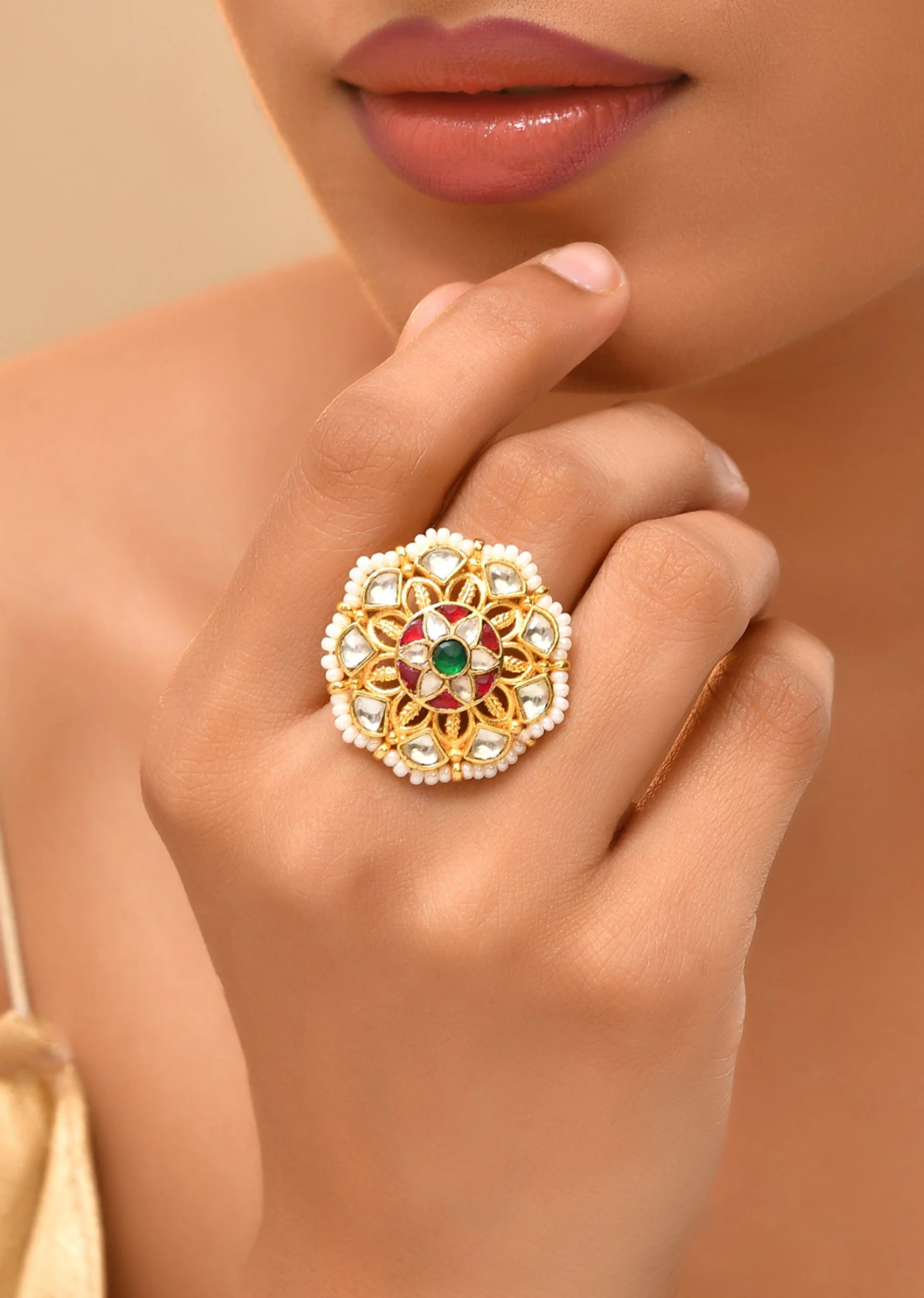 Multi Floral Motif Kundan Ring