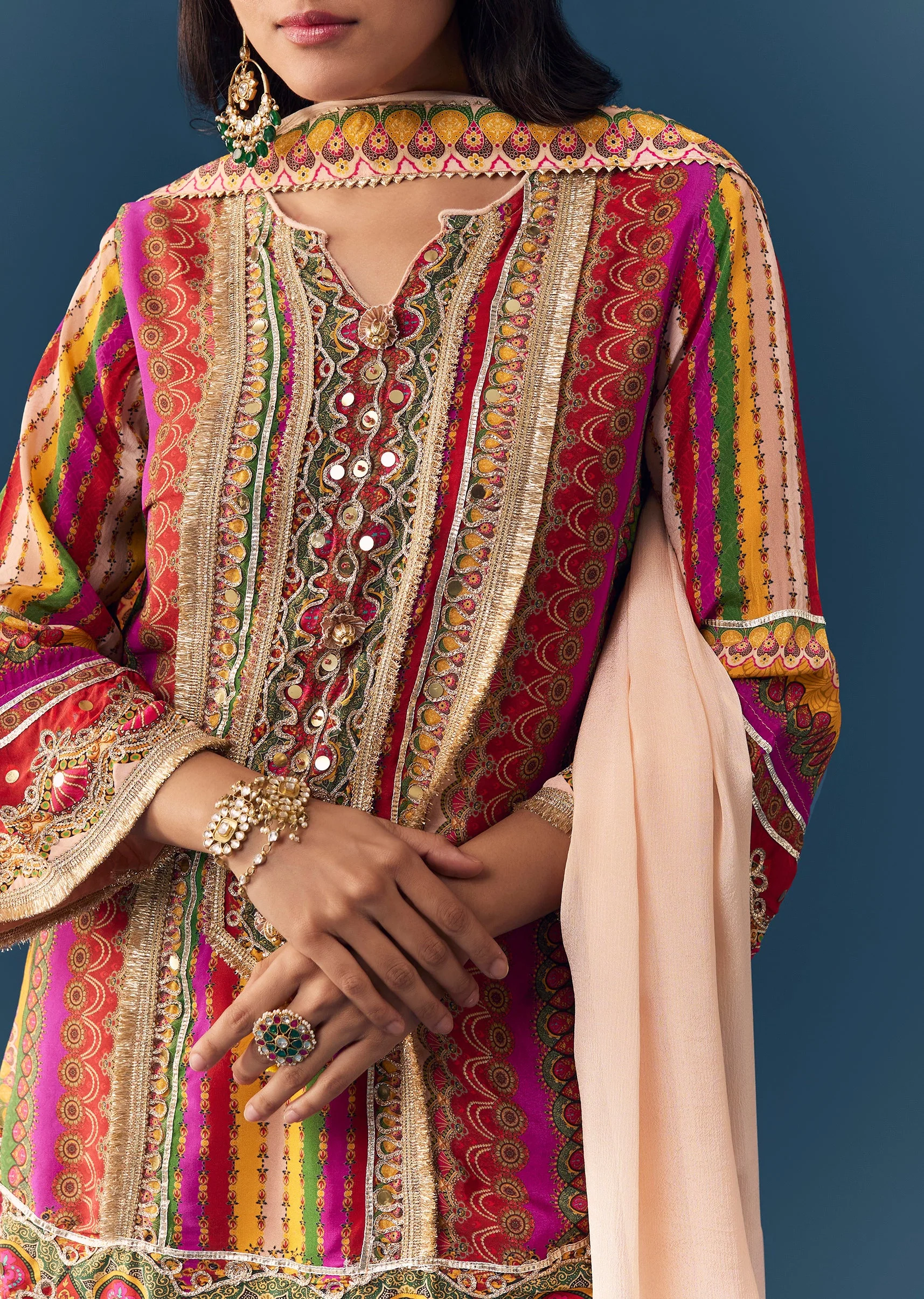 Multi Indie Print Sharara Set with Handbag - Image 2