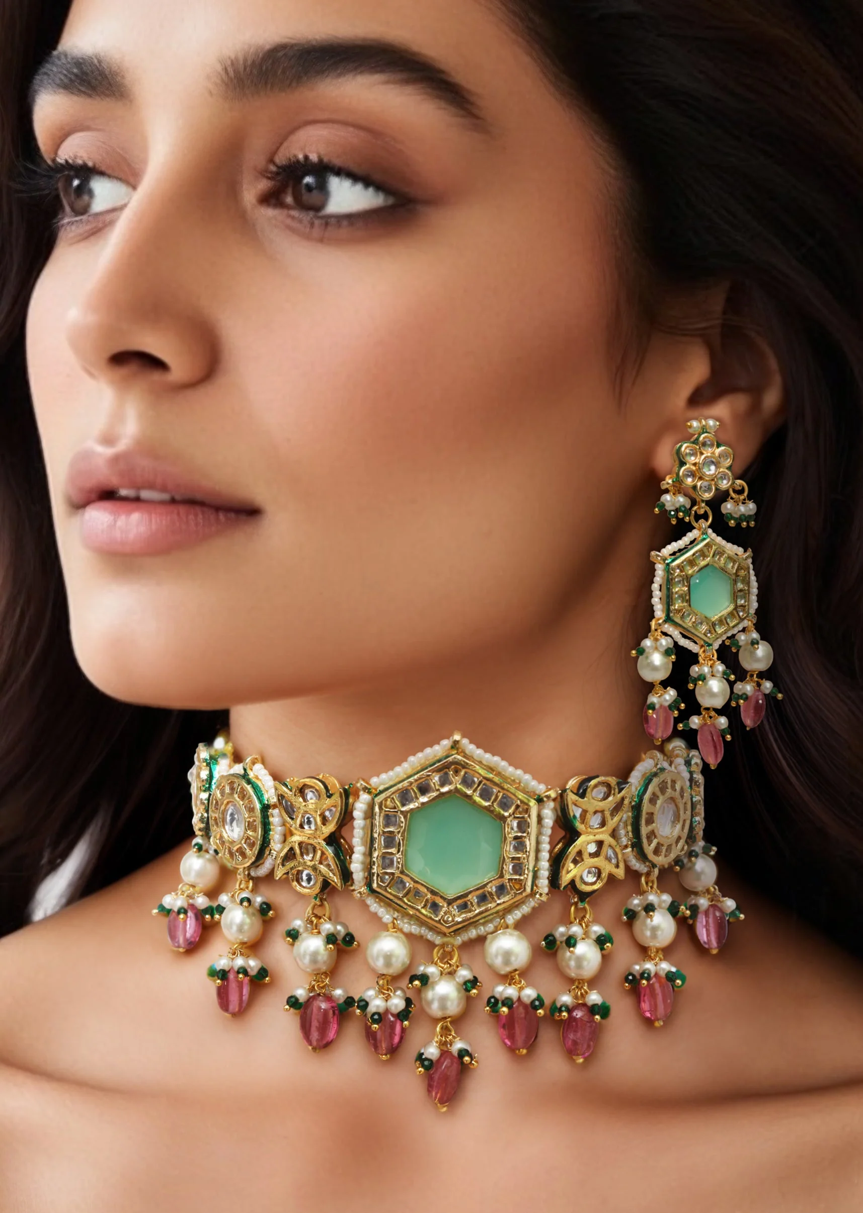 Multi Kundan Geometric Pendant Necklace and Earring Set