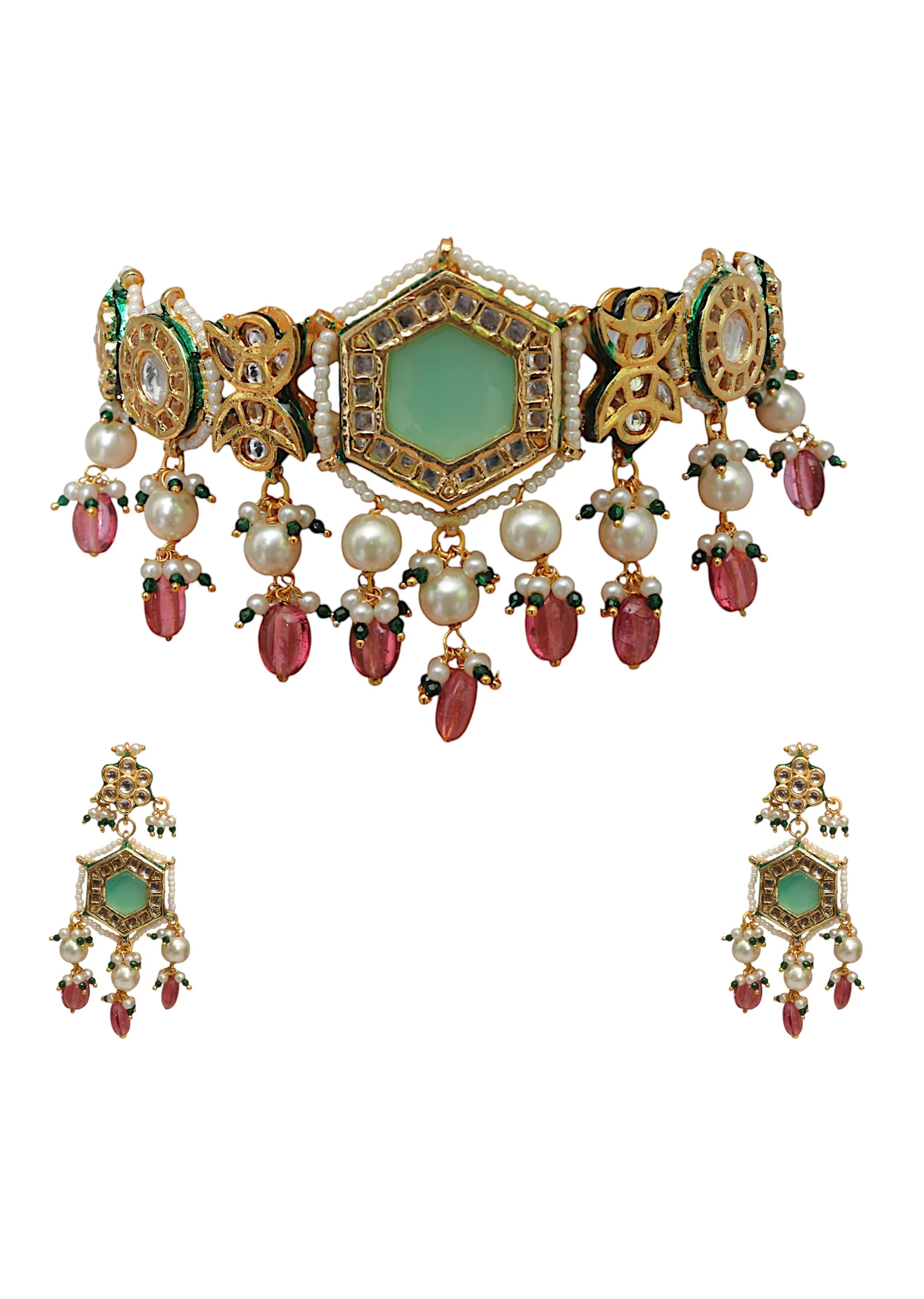 Multi Kundan Geometric Pendant Necklace and Earring Set - Image 2
