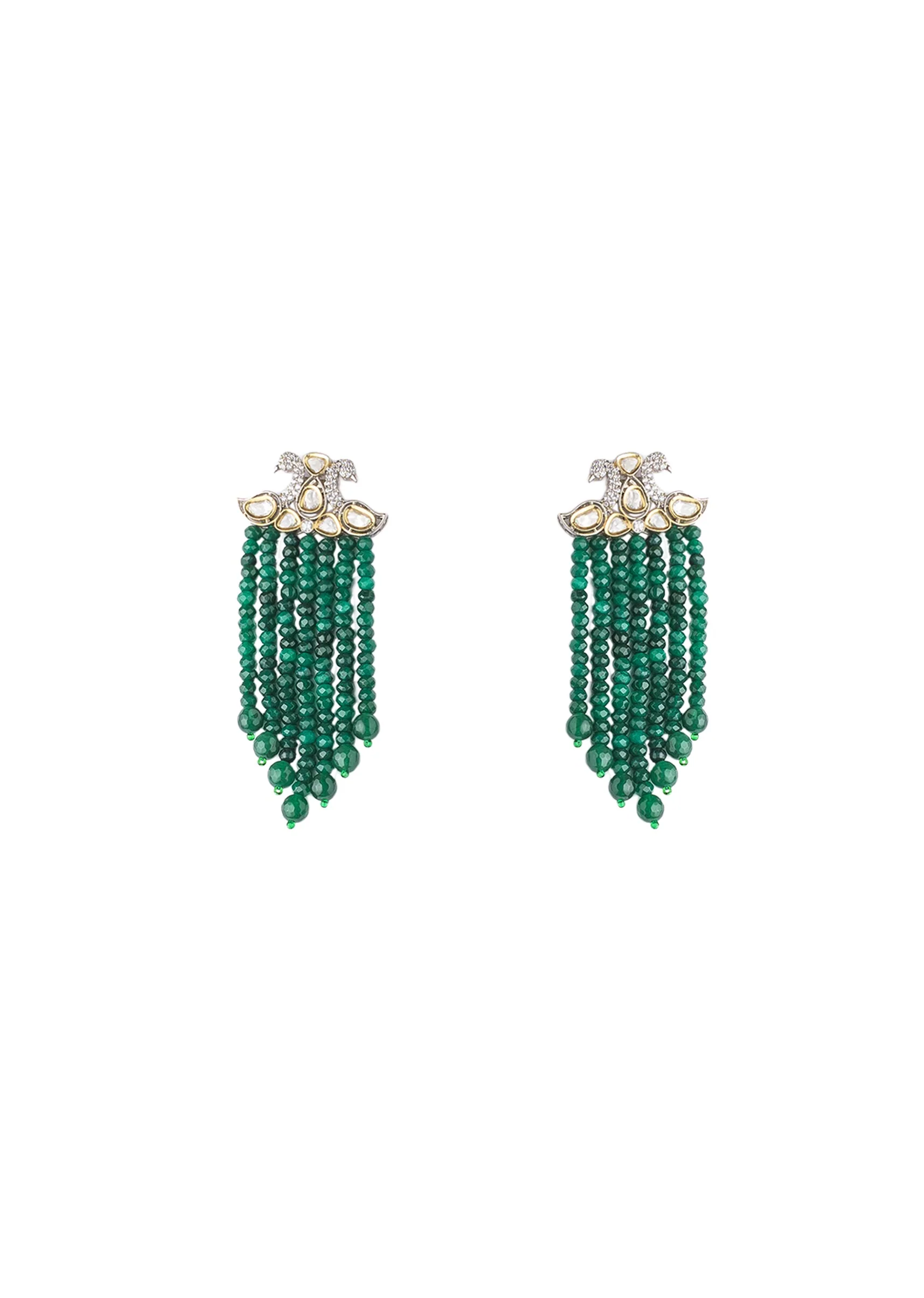Multi Layer Green Beaded Necklace Set With Matching Long Earrings And Crystal Studded Separators - Image 4