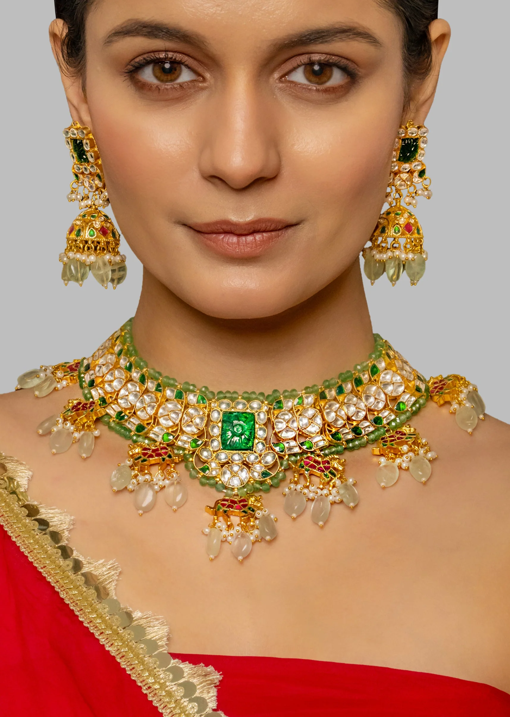 Multi Stone Kundan Polki Bridal Necklace Set - Image 2