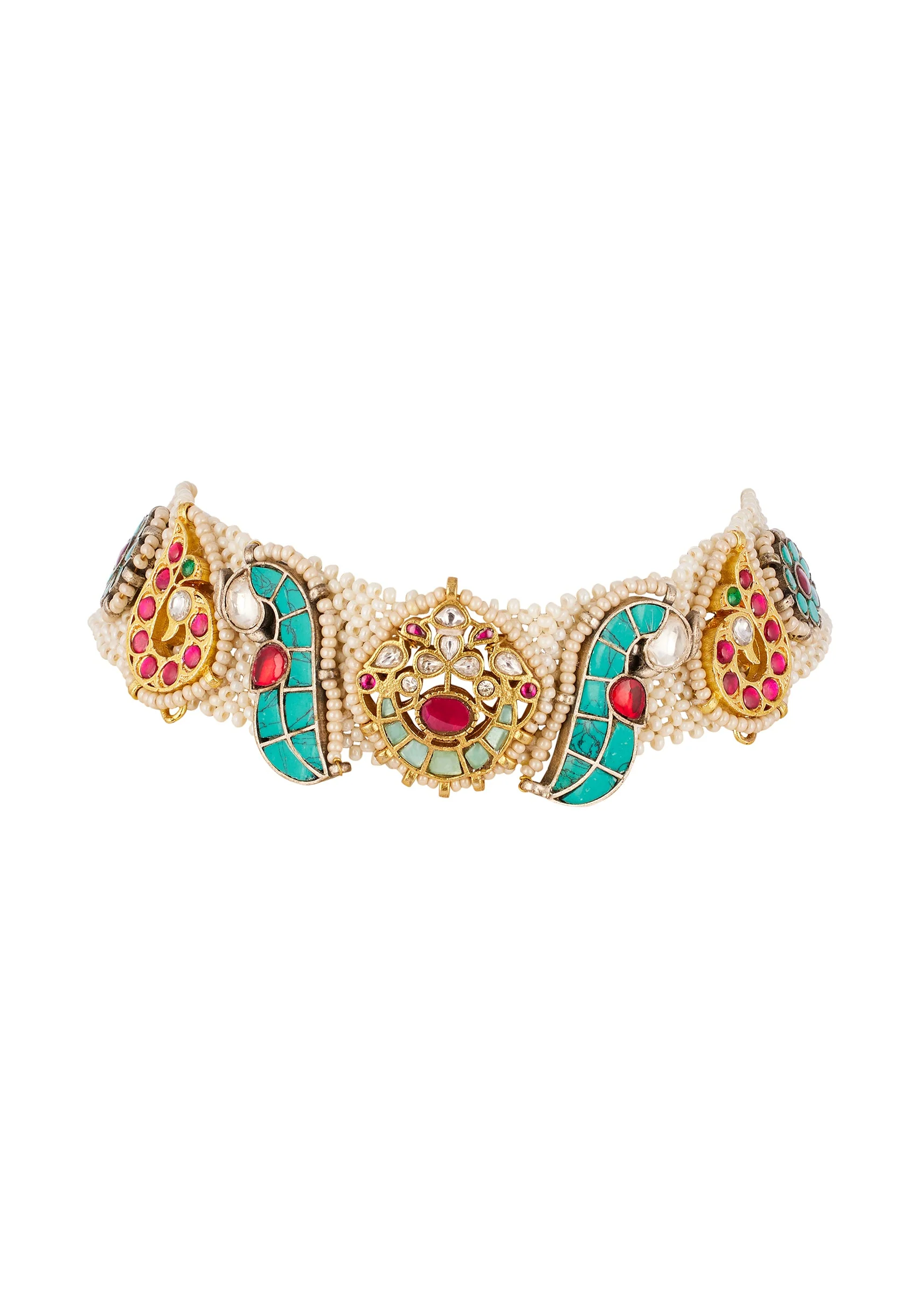 Multi Traditional Kundan Polki Necklace Set with Colored Stones - Image 2