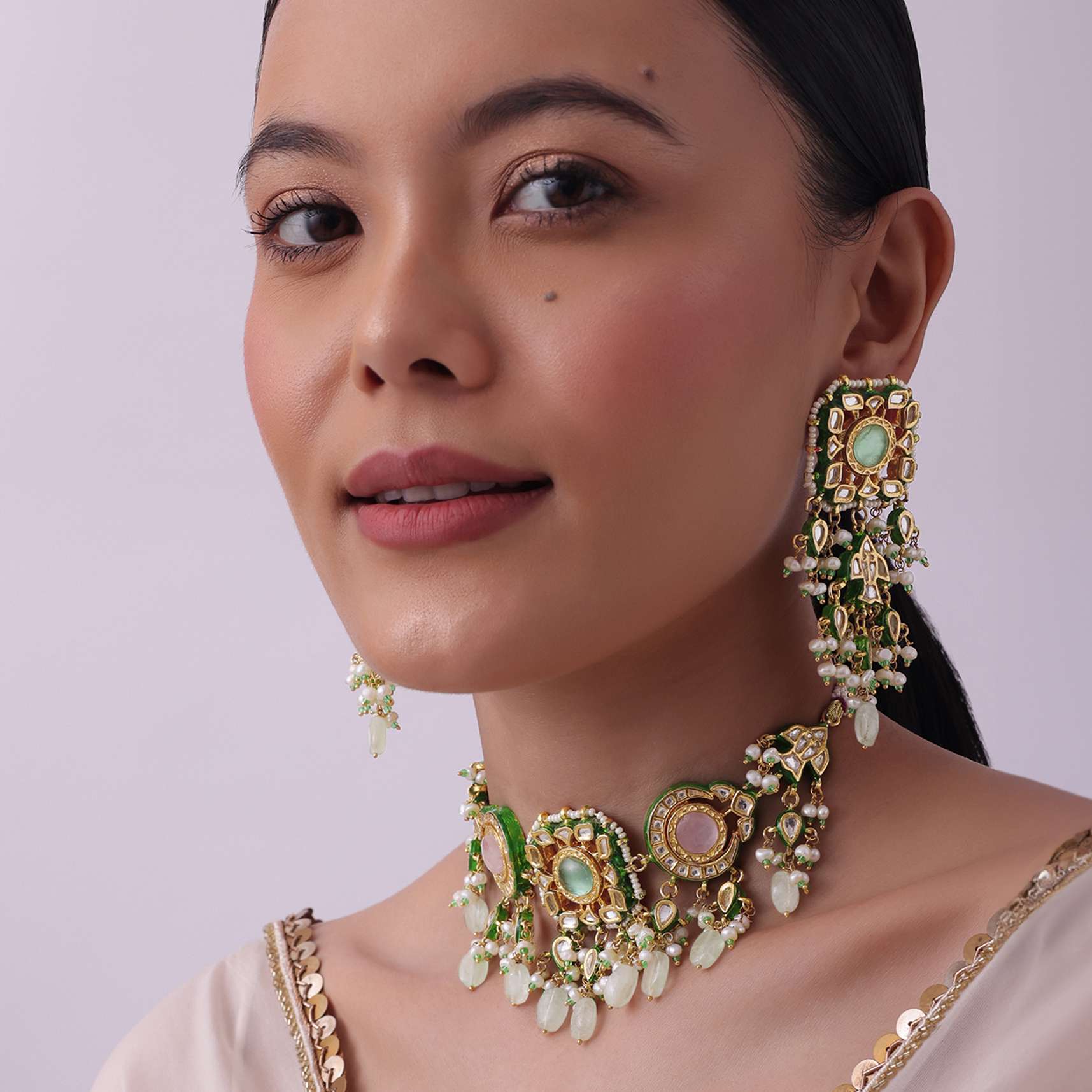 Multicolor Choker And Dangler Set With Mint Green Drops - Image 8