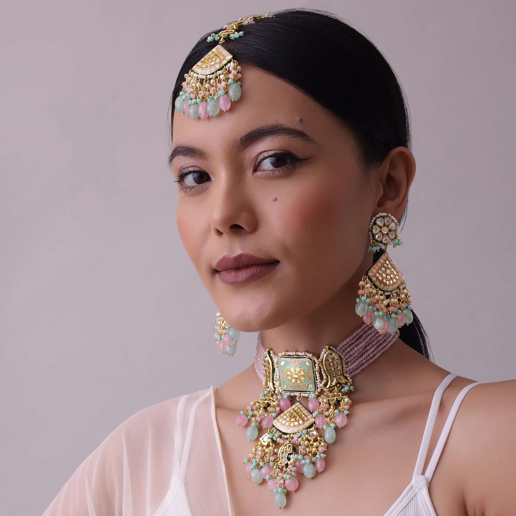 Multicolor Gold-Finish Kundan Choker Necklace Set With Colourful Meenakari Work And Stones In Mix Metal - Image 2