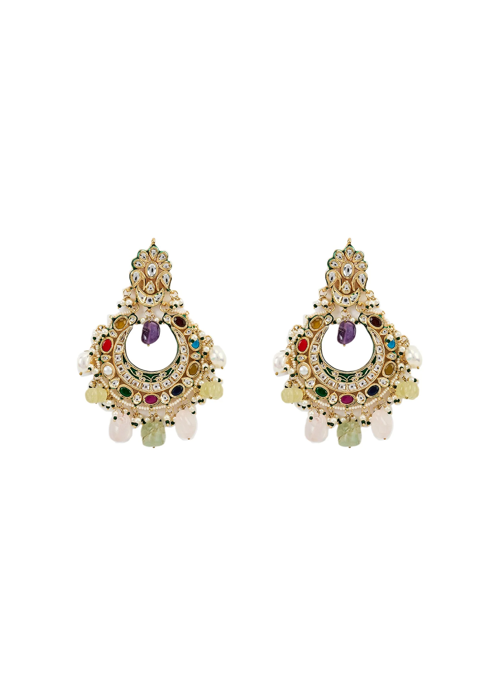 Multicolour Gemstones And Pearls With Crescent Shaped Chandbalis - Image 2