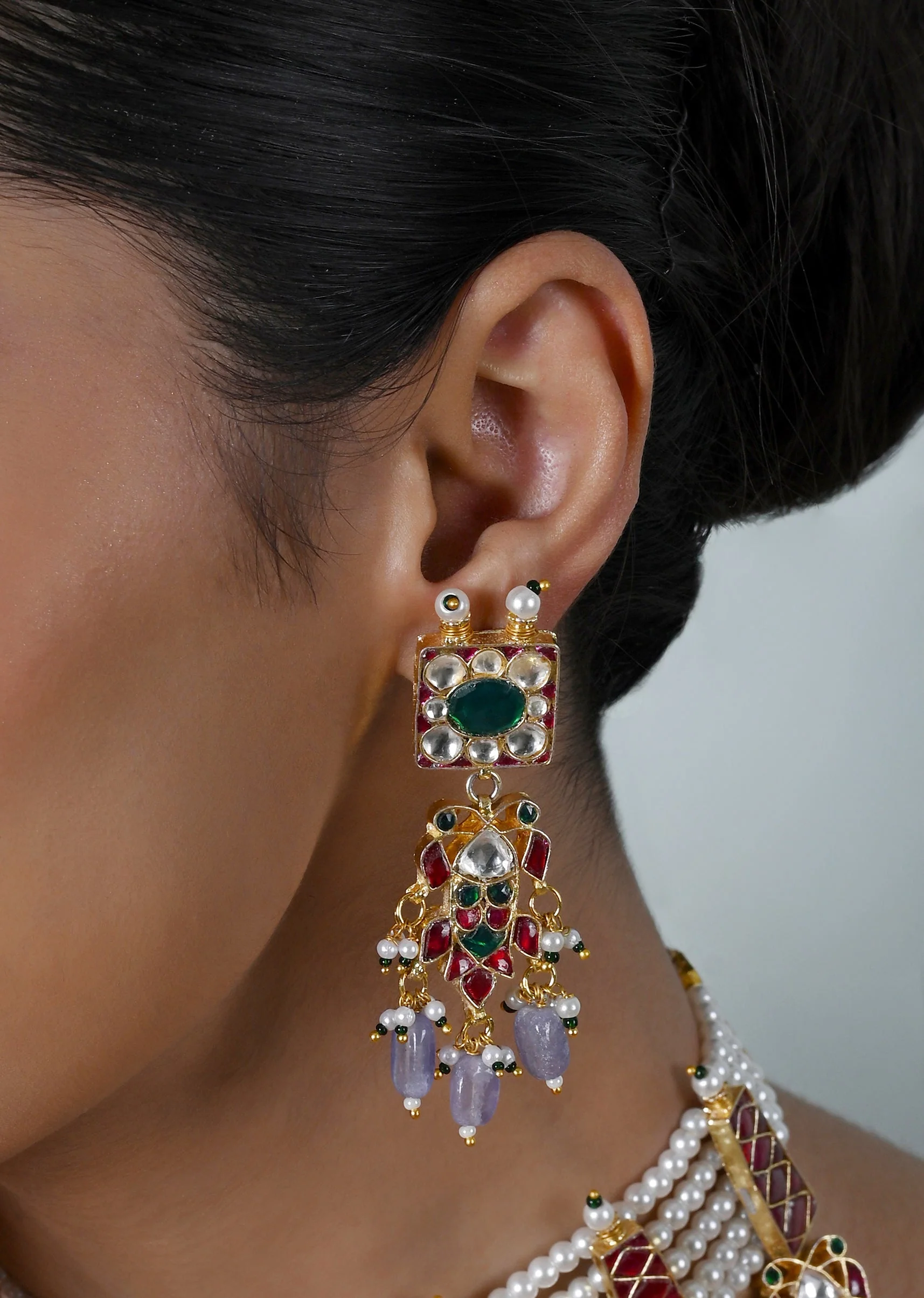 Multicolour Kundan Necklace Set With Earrings - Image 2