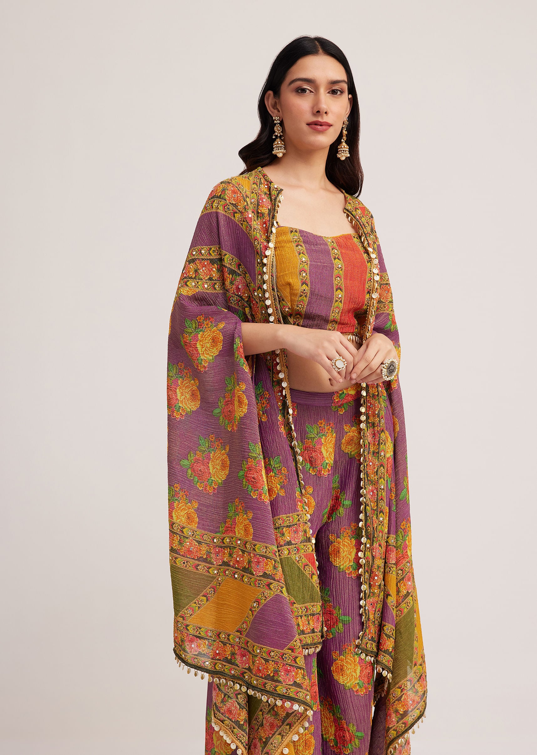 Multicolour Printed Crop Top Palazzo And Cape Set - Image 4