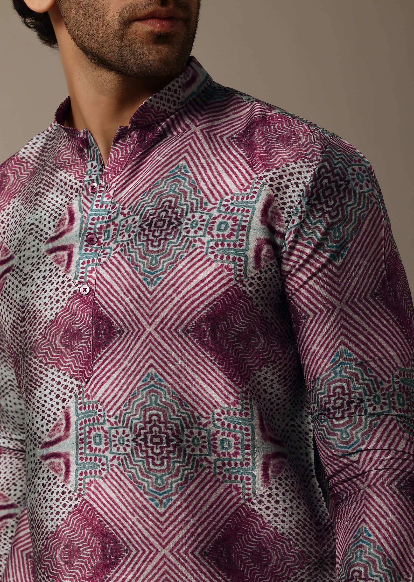 Multicolour Printed Silk Short Kurta Set For Men - Image 2