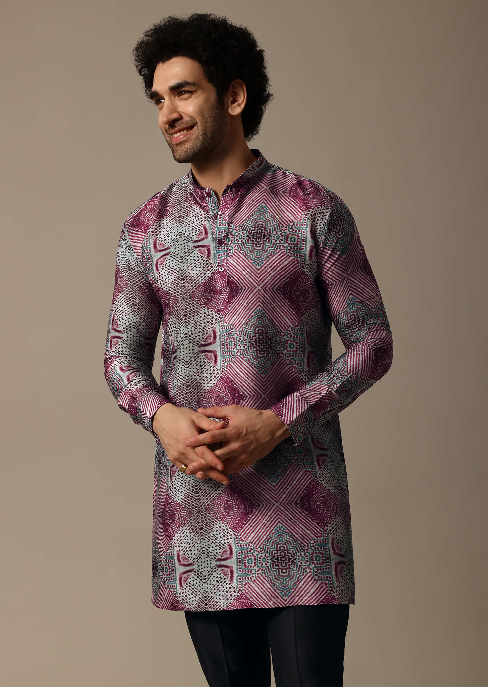 Multicolour Printed Silk Short Kurta Set For Men - Image 4