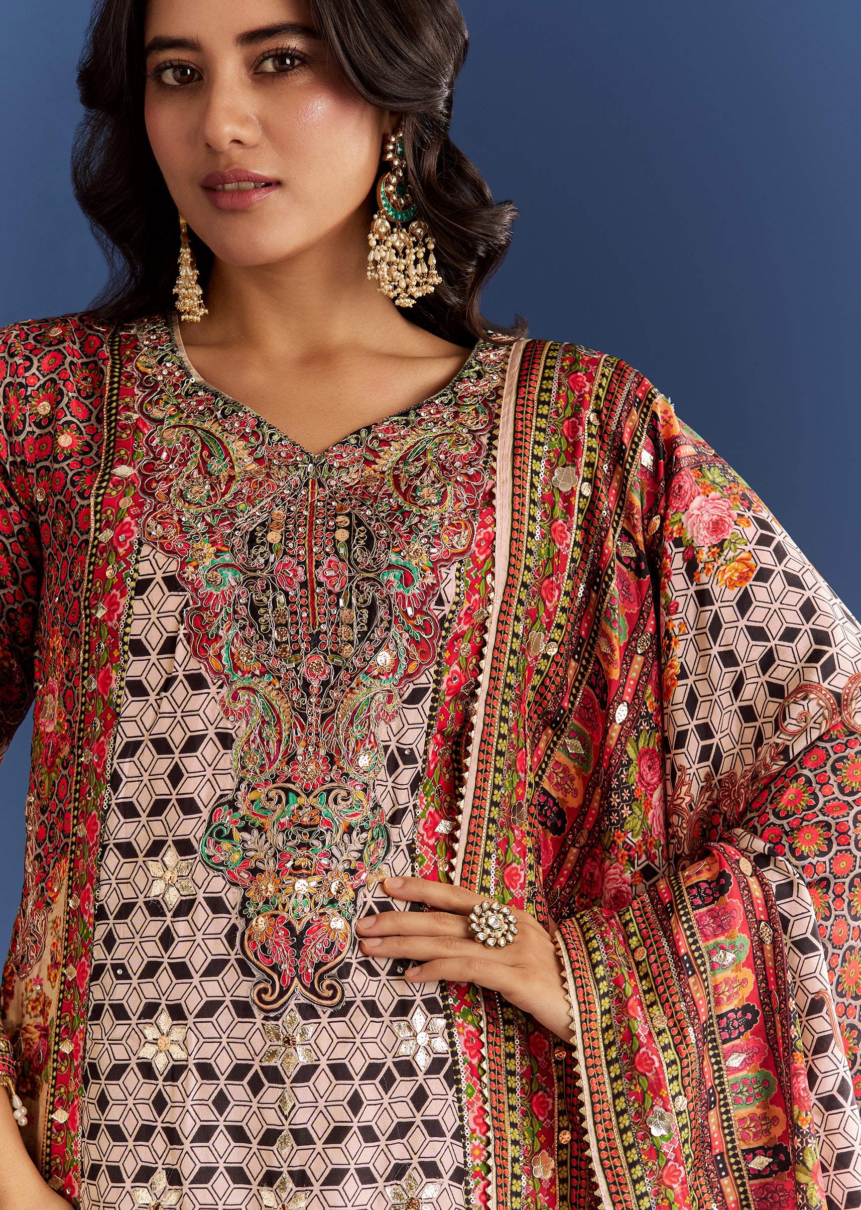 Multicolour Tabby Silk Printed Kurta Palazzo With Dupatta - Image 2