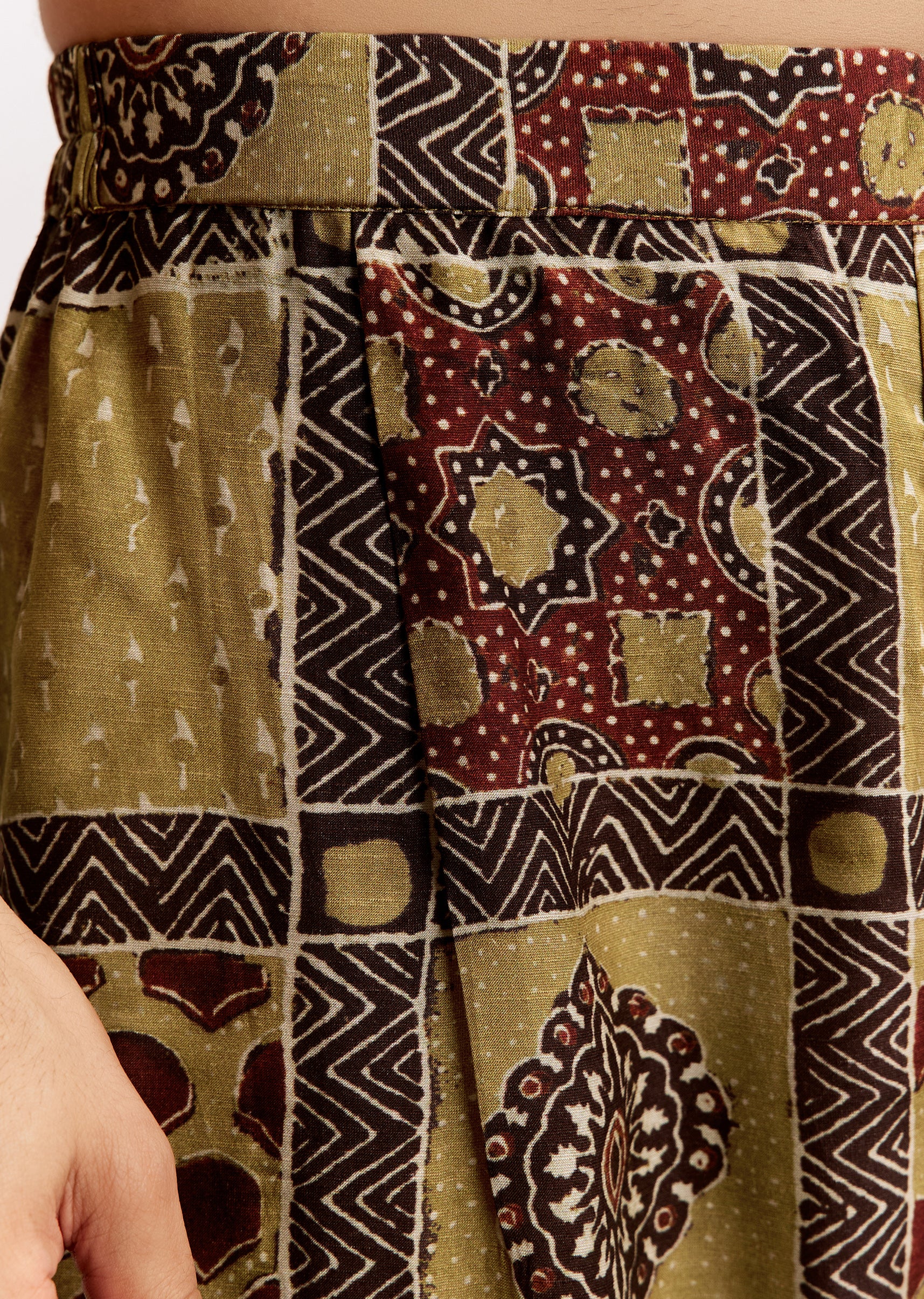 Mustard Ajrakh Cultural Pair – Indie Print Zari Kurta Set For Her And Yellow Linen Ajrakh Kurta Set For Him - Image 11