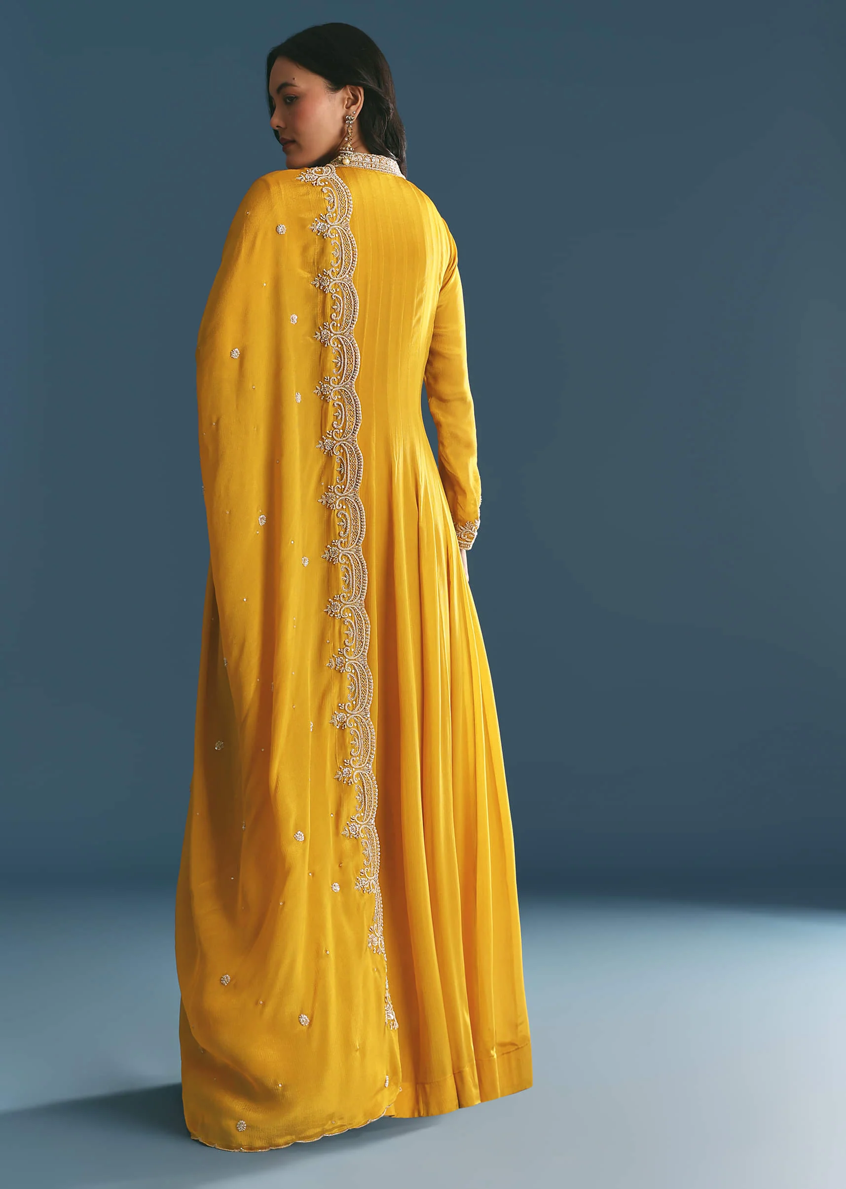 Mustard Chinon Anarkali Suit With Zardosi Work Dupatta - Image 5