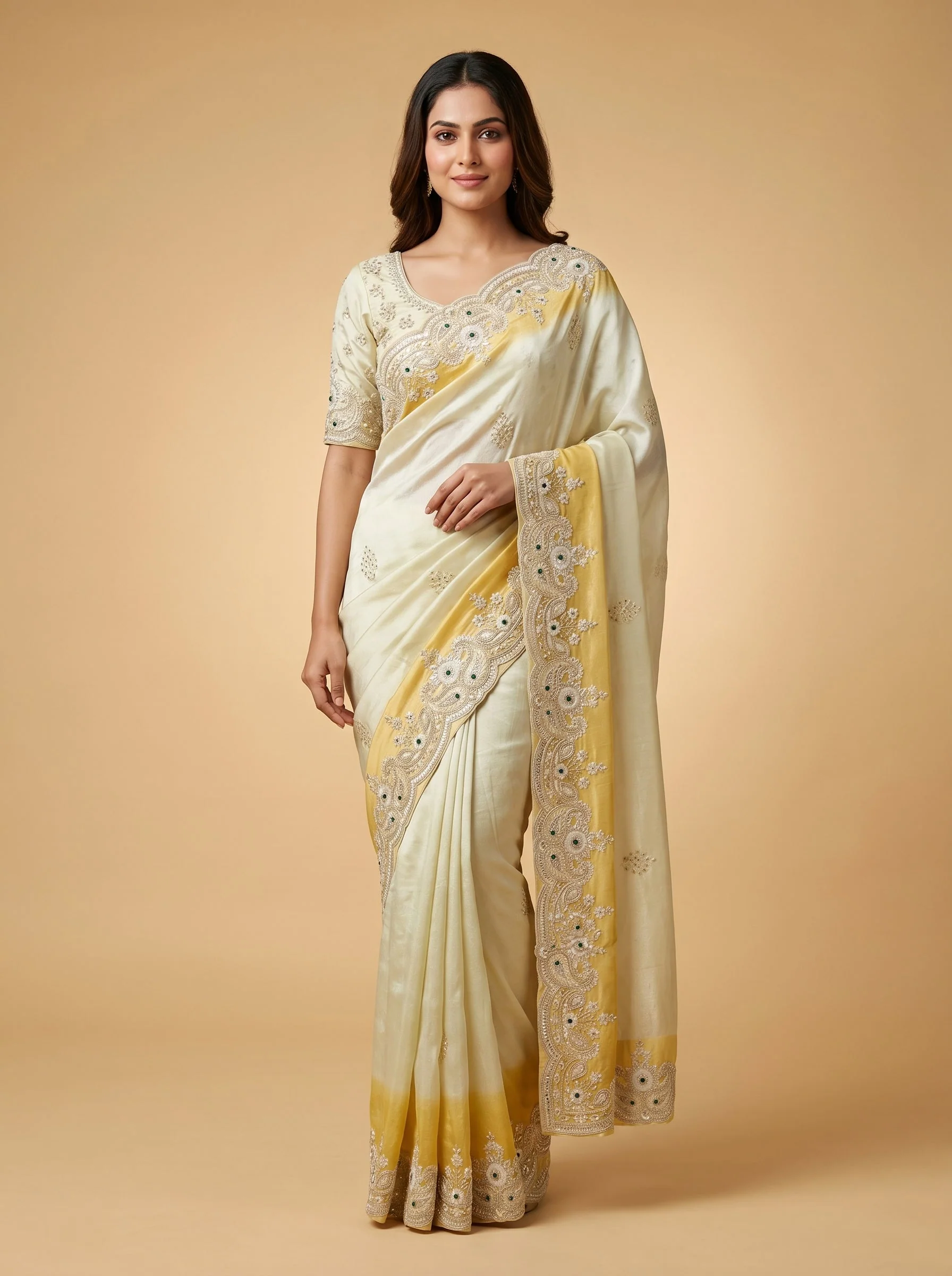 Mustard embroidered saree with subtle motifs