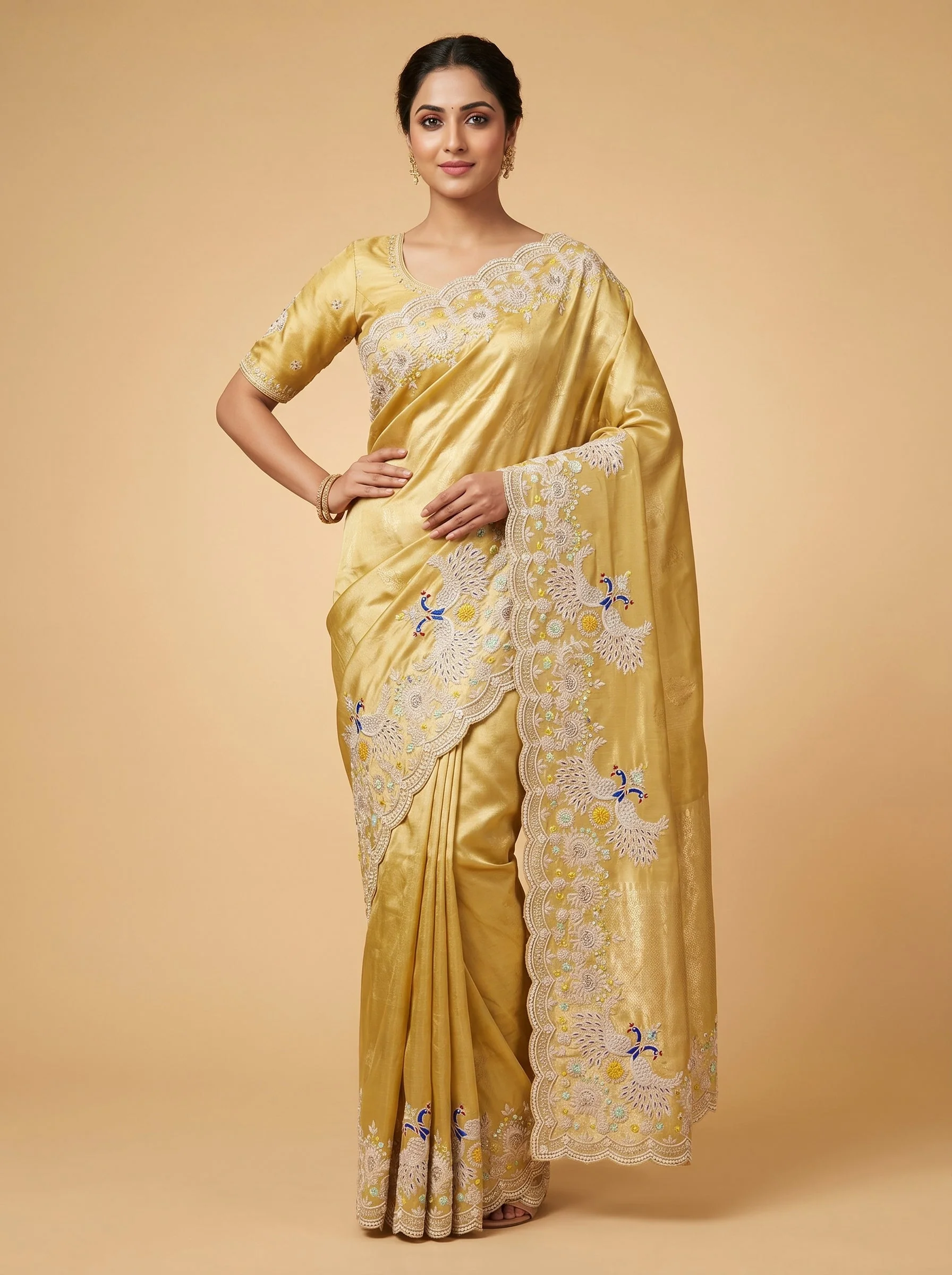 Mustard embroidered saree with zari accents