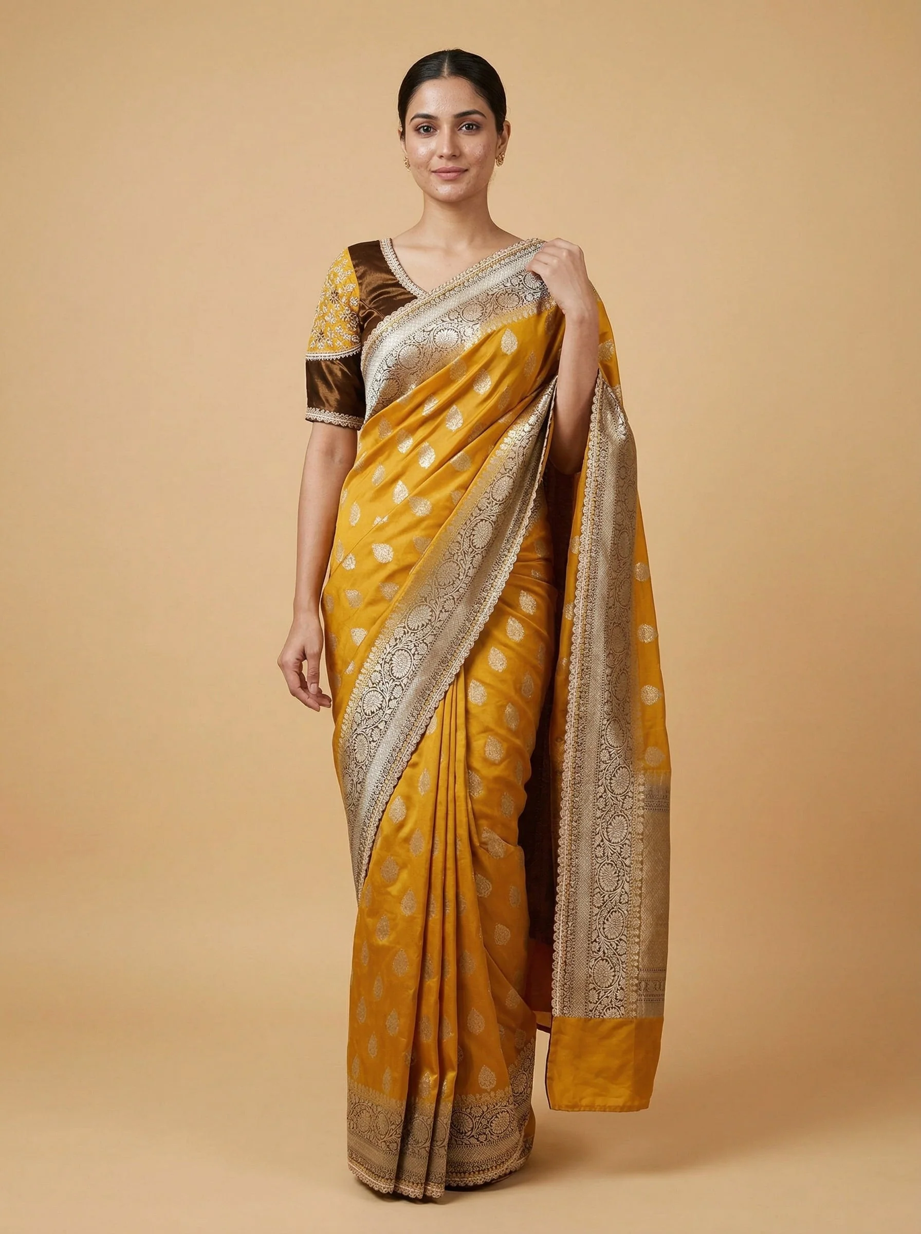 Mustard Green Contrast Embroidered Saree