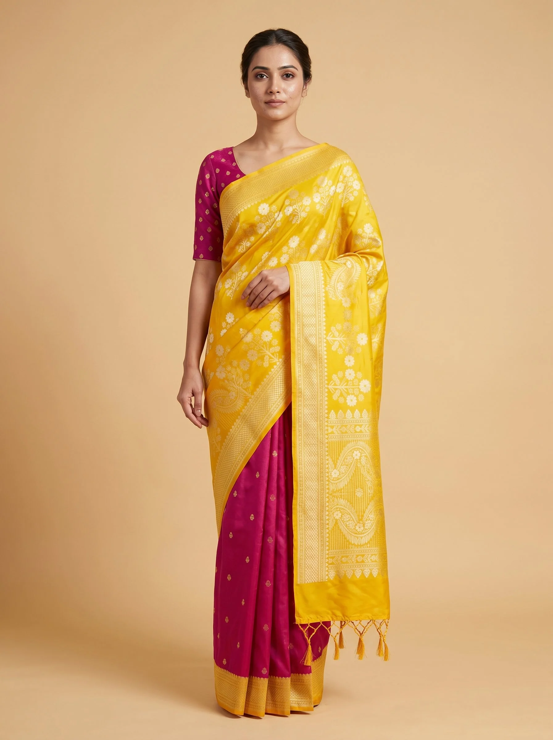 Mustard handloom saree with zari accents
