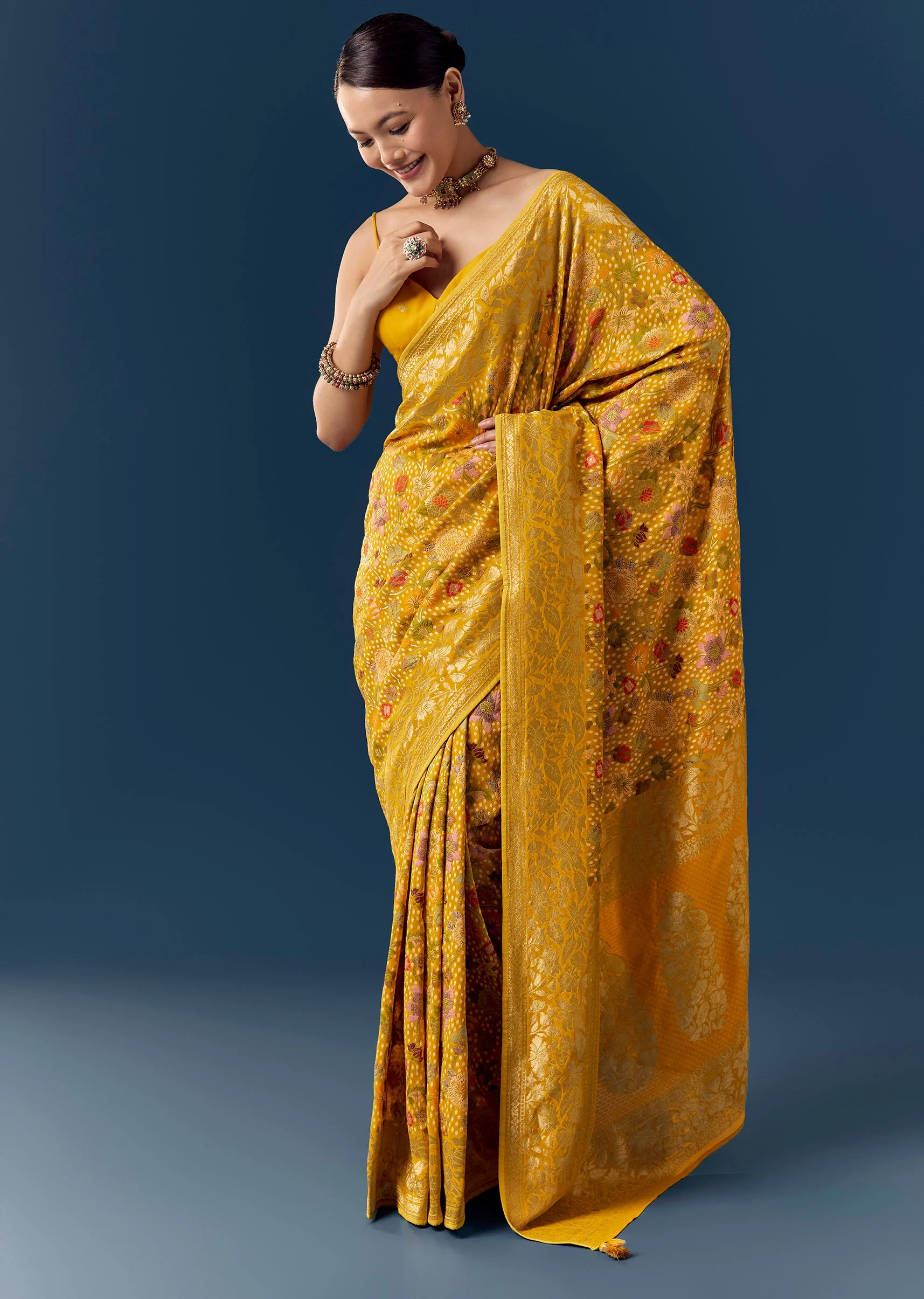 Mustard Jacquard Saree with Multicolour Floral Zari Weave