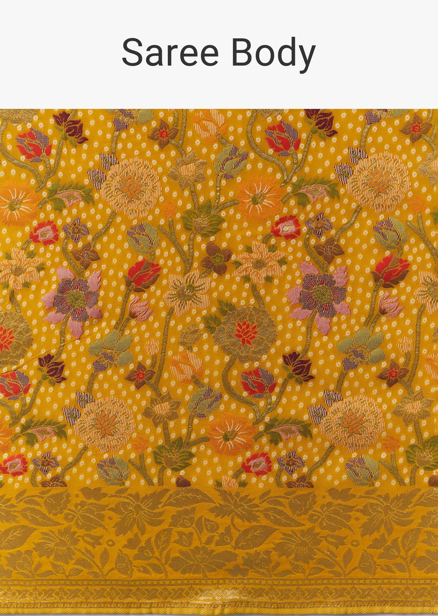 Mustard Jacquard Saree with Multicolour Floral Zari Weave - Image 9