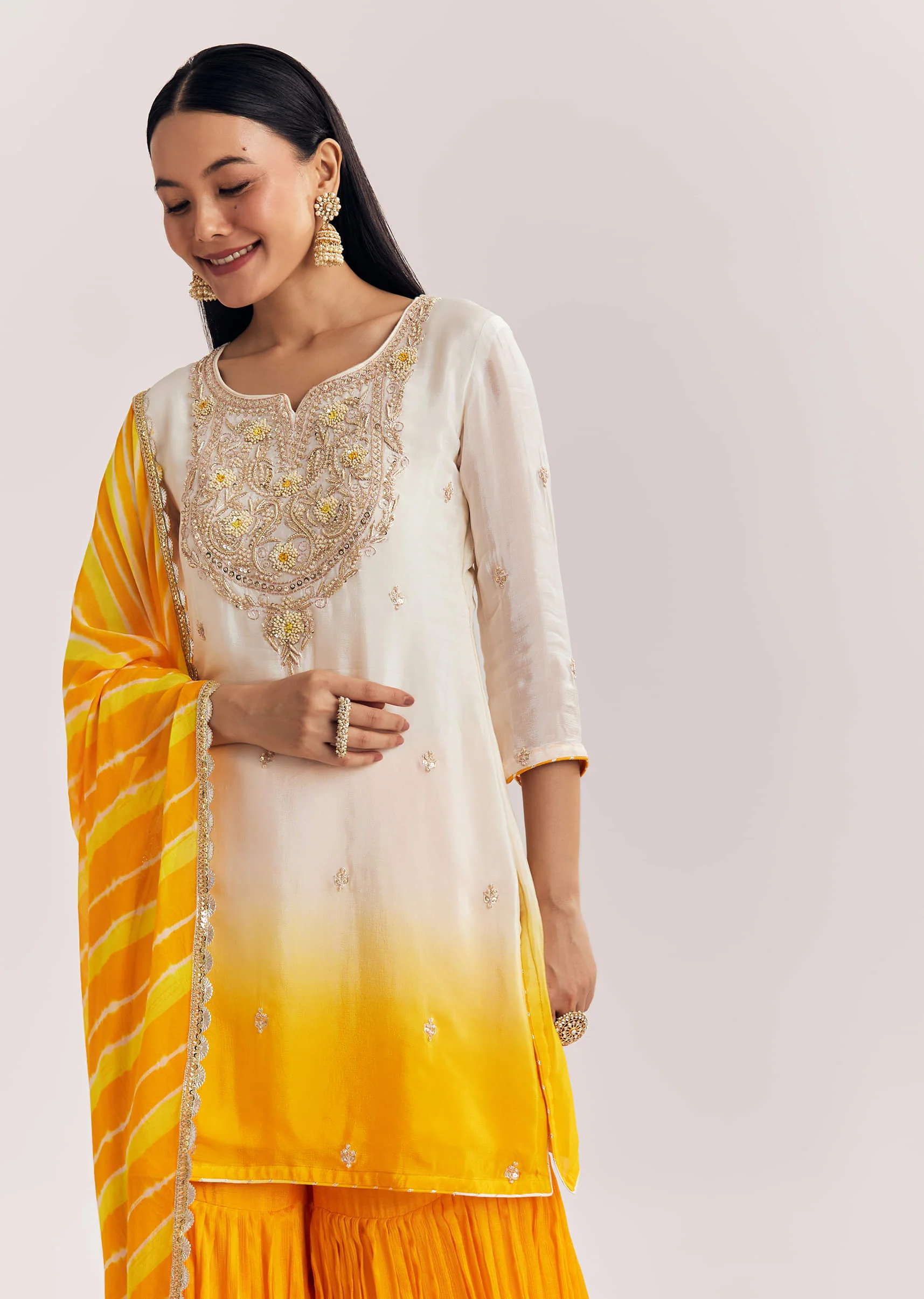 Mustard Ombre Leheriya Kurta Sharara Suit With Cutdana And Sequins Work - Image 4