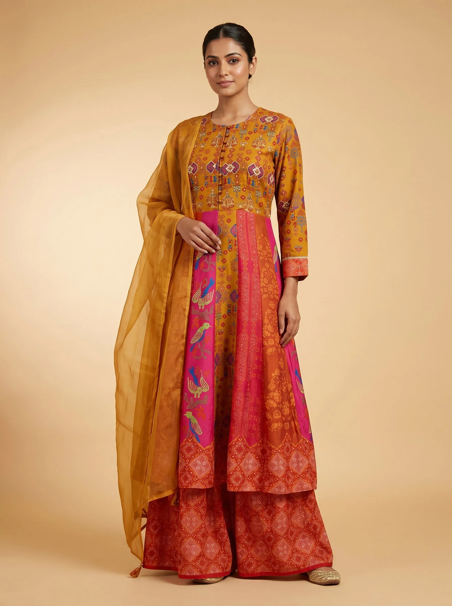 Mustard Organza Embroidered Anarkali Suit