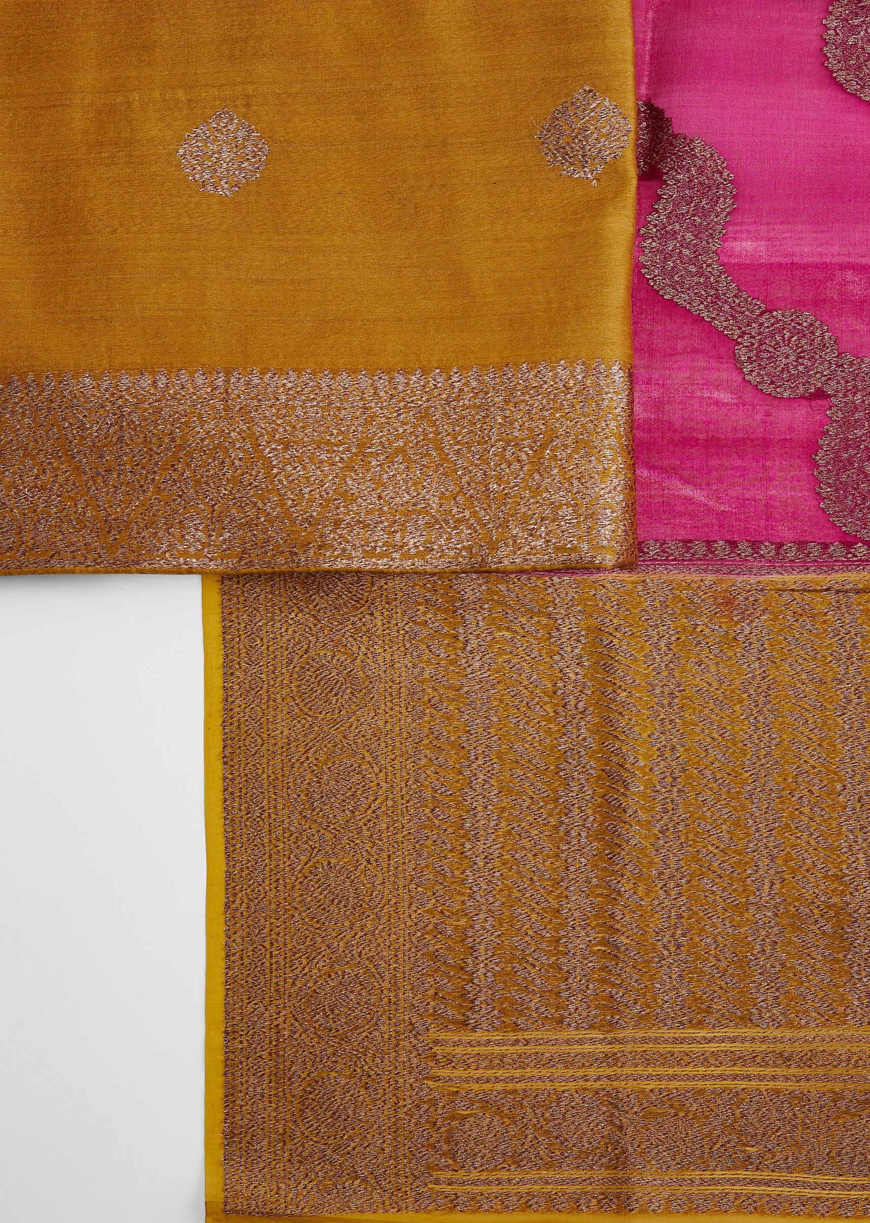 Mustard Yellow Banarasi Silk Unstitched Suit Set With Contrast Dupatta - Image 3