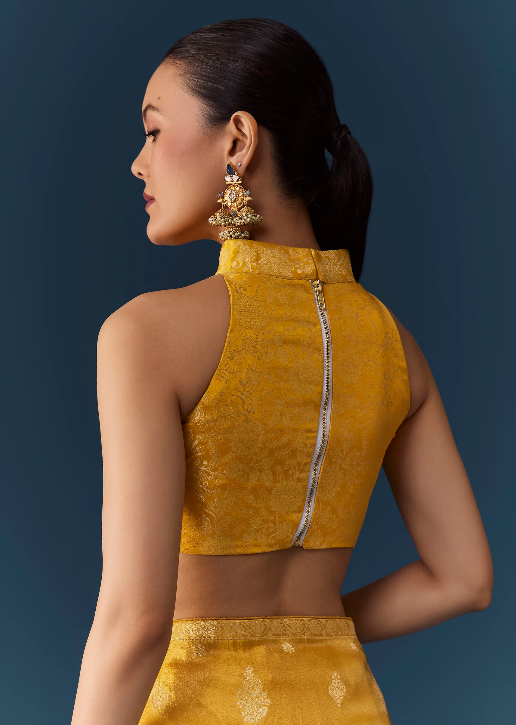 Mustard Yellow Dola Silk Saree with Blouse Fabric - Image 8