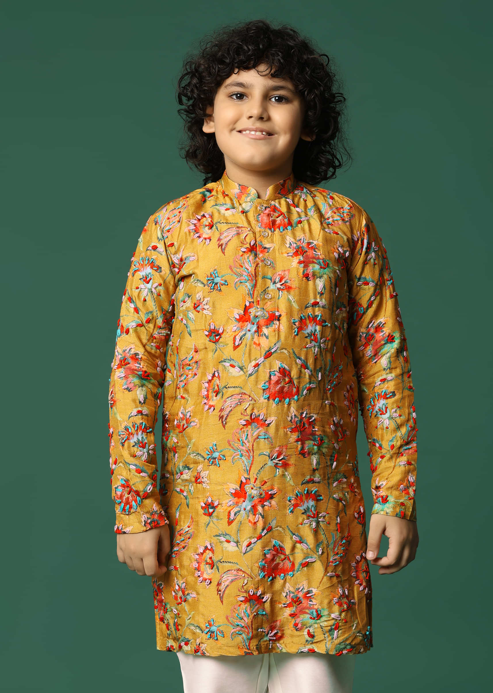 Mustard Yellow Floral Kurta Pant With Resham Work For Boys - Image 2