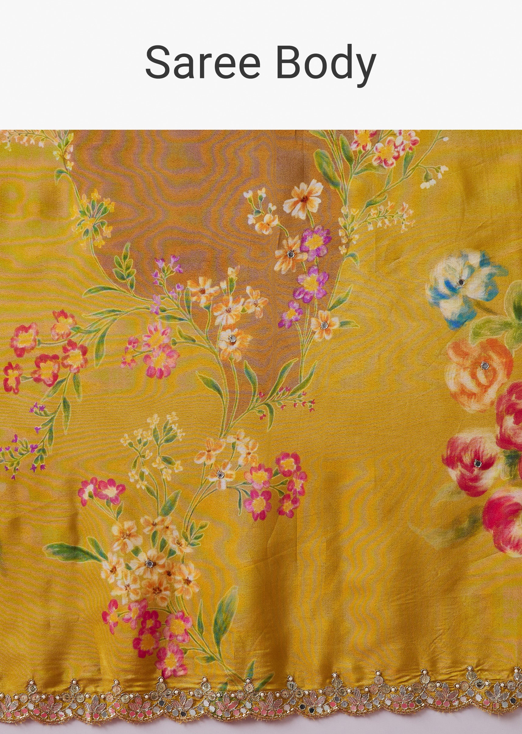 Mustard Yellow Floral Printed Saree With Mirror And Gotta Border - Image 9