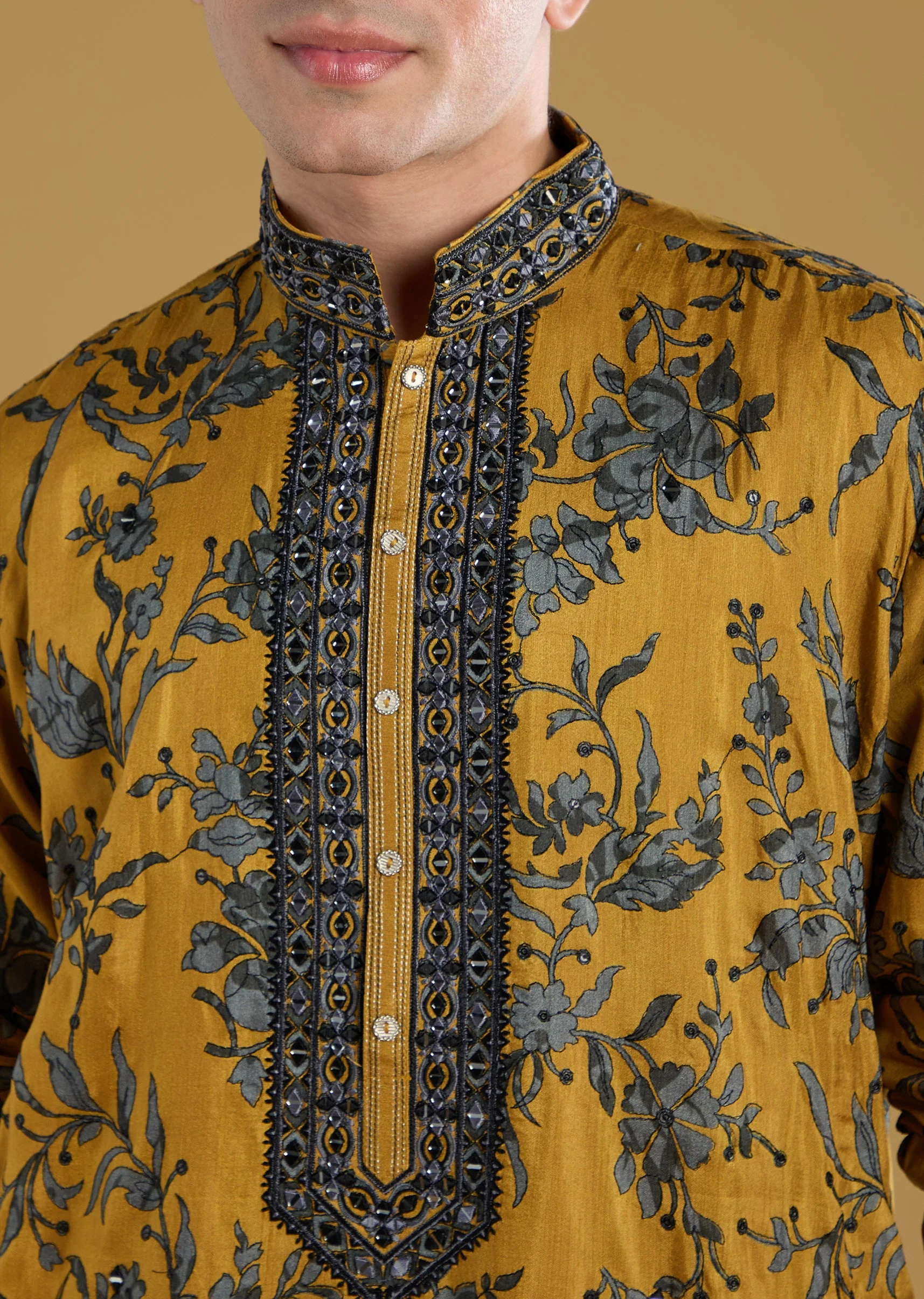 Mustard Yellow Floral Printed Silk Kurta Set With Mirror And Thread Work - Image 2