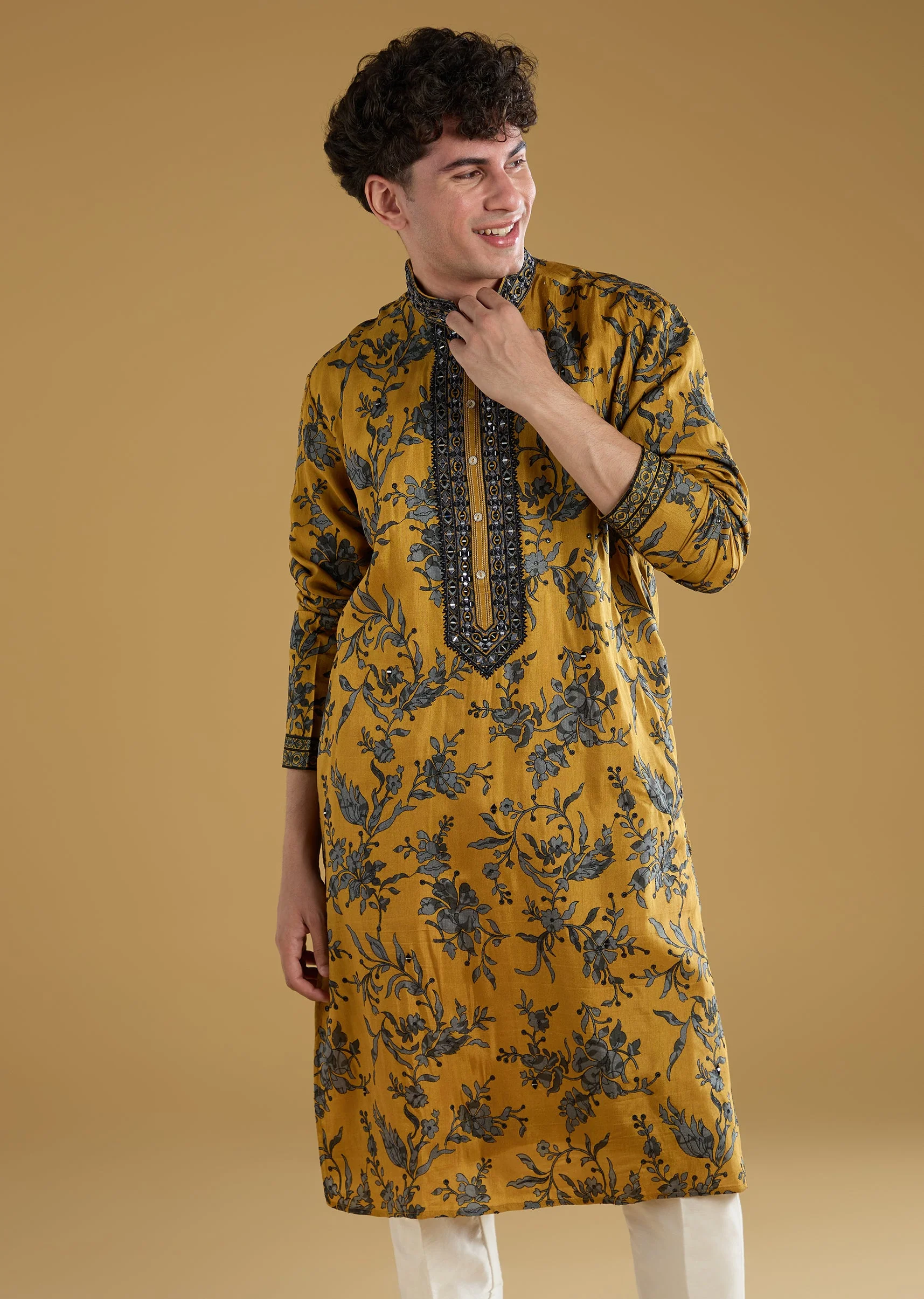 Mustard Yellow Floral Printed Silk Kurta Set With Mirror And Thread Work - Image 4