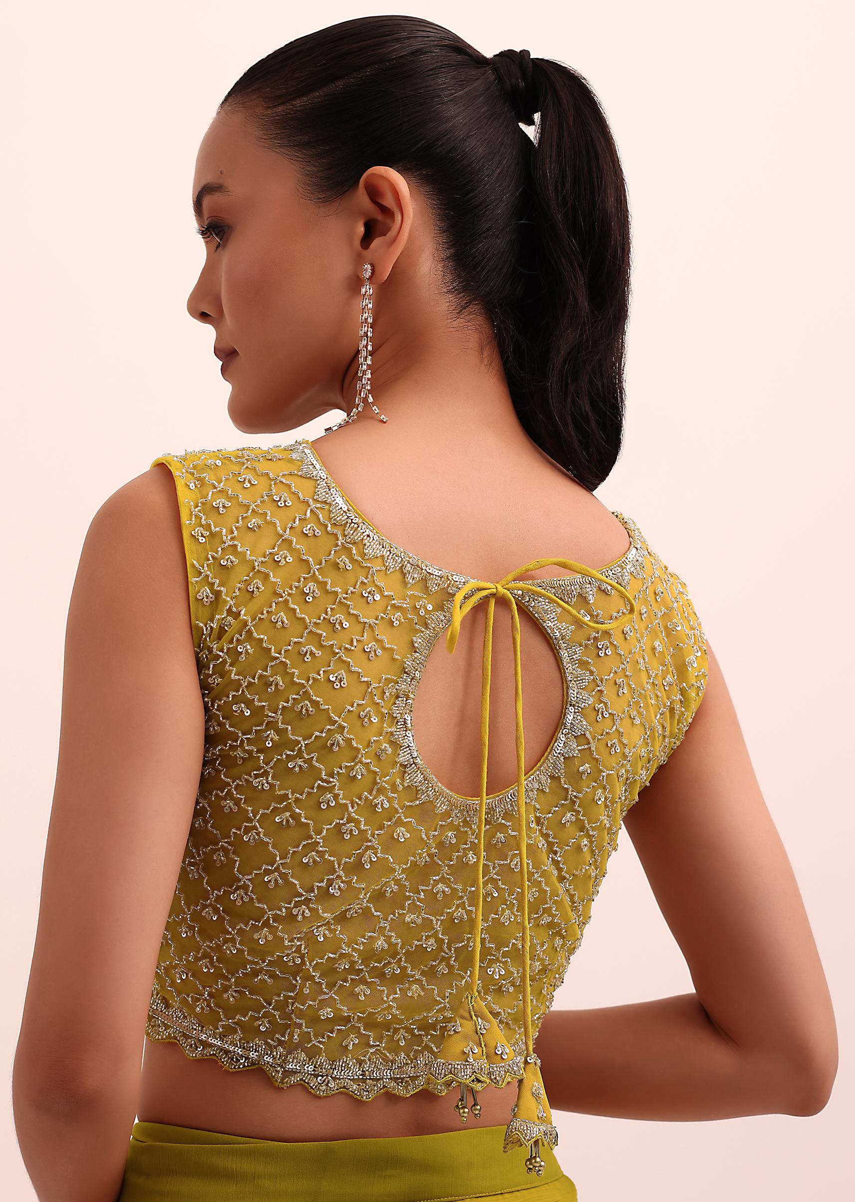Mustard Yellow Georgette Pre Stitched Frill Saree With Embellished Blouse - Image 7