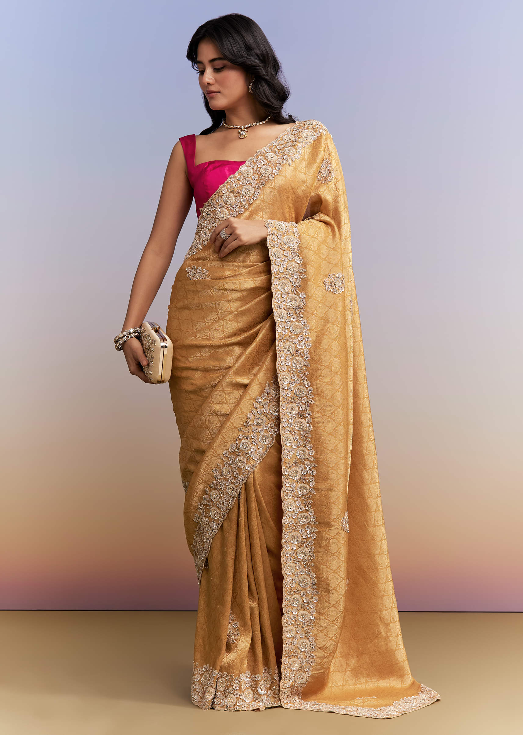 Mustard Yellow Jacquard Tissue Saree With Heavy Hand Embroidery - Image 3