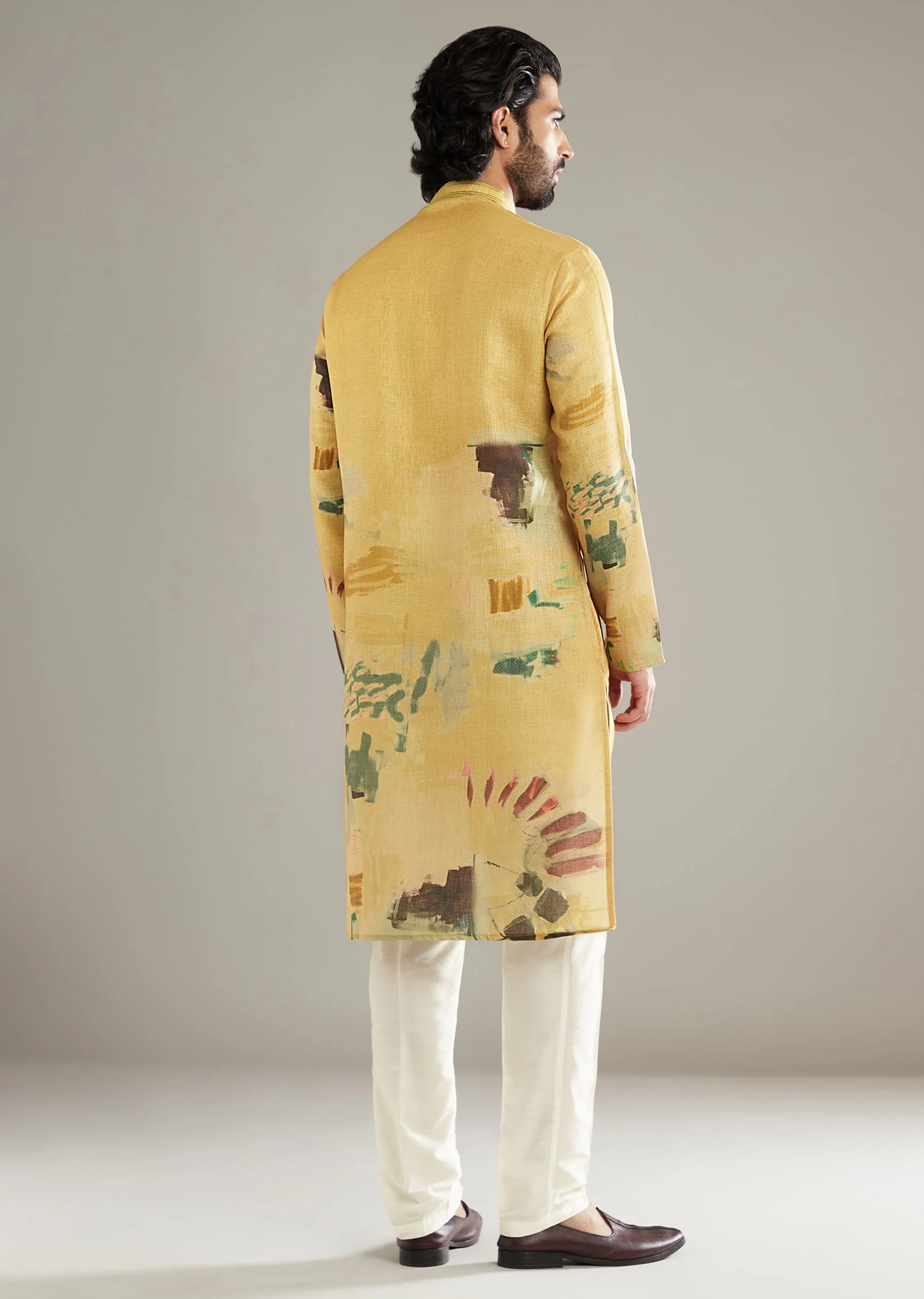 Mustard Yellow Kurta Set For Men With Abstract Print - Image 5