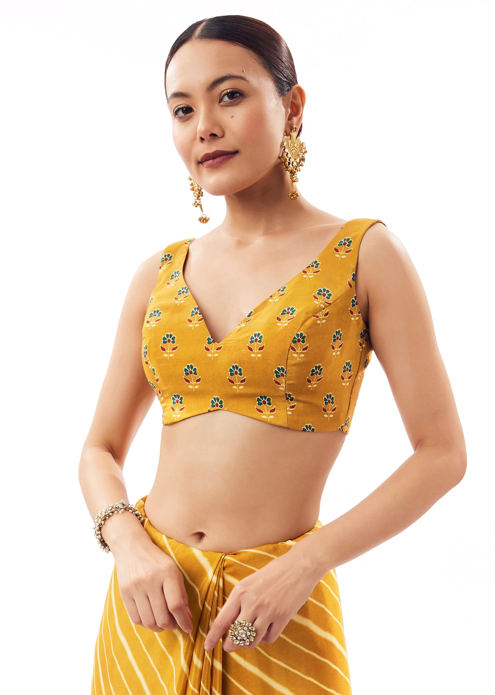 Mustard Yellow Lehariya Crepe Saree With Gotta Work - Image 7