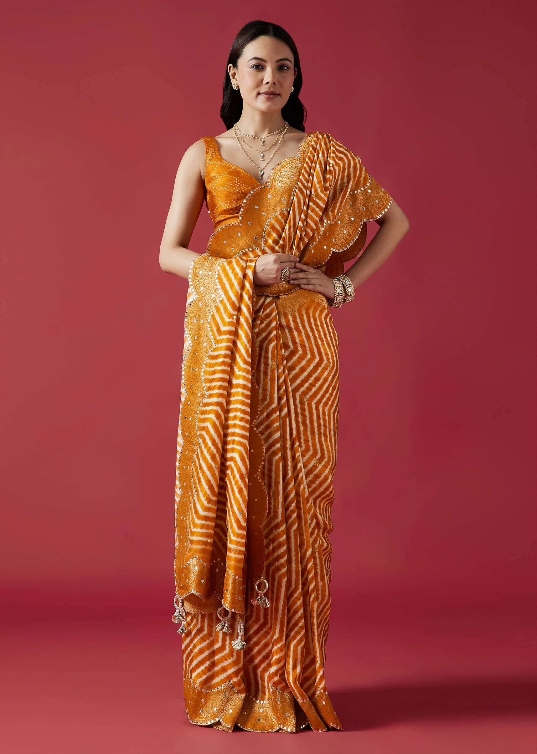 Mustard Yellow Leheriya Printed Saree With Mirror Border
