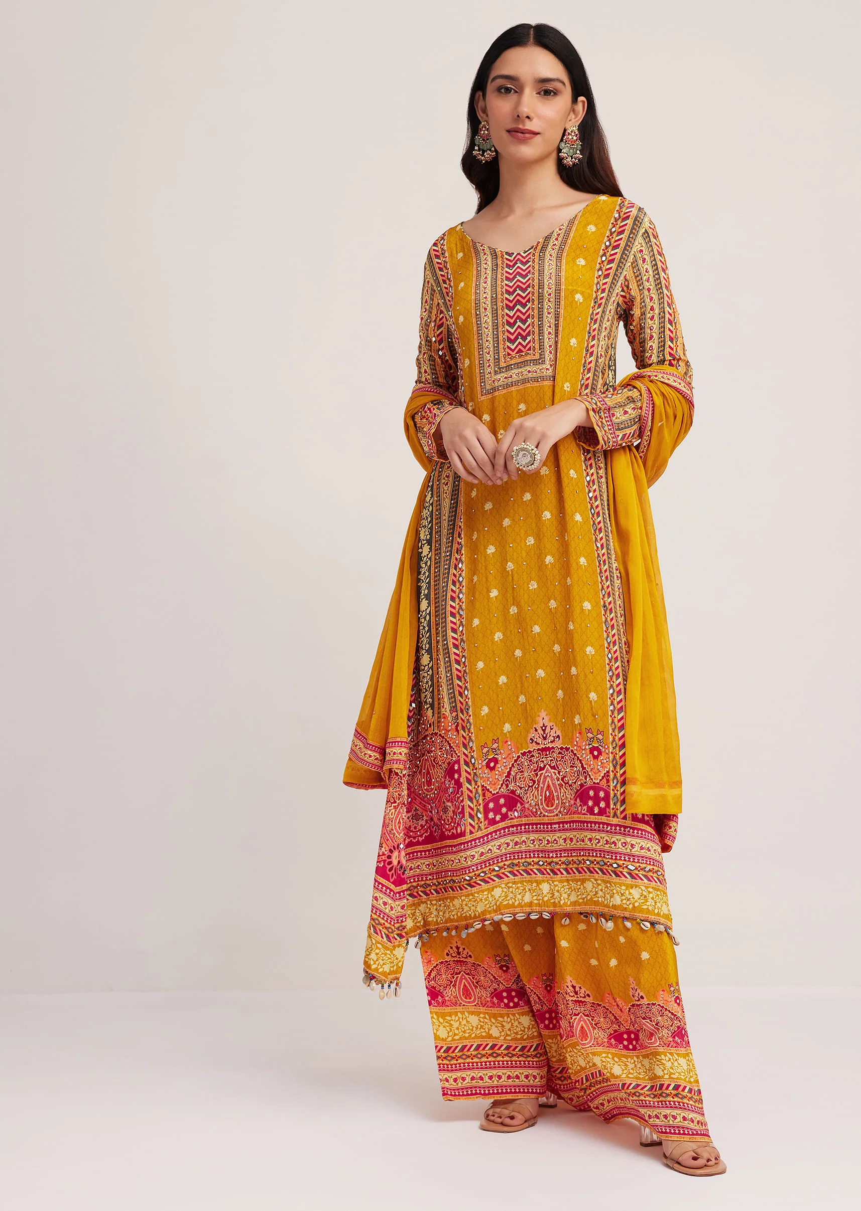 Mustard Yellow Printed And Embroidered Crepe Silk Palazzo Set With Mirror Work Dupatta