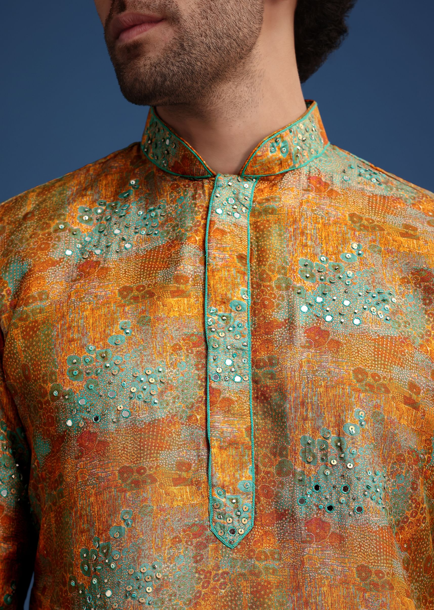 Mustard Yellow Printed Silk Kurta Set With Embellished Detailing - Image 2