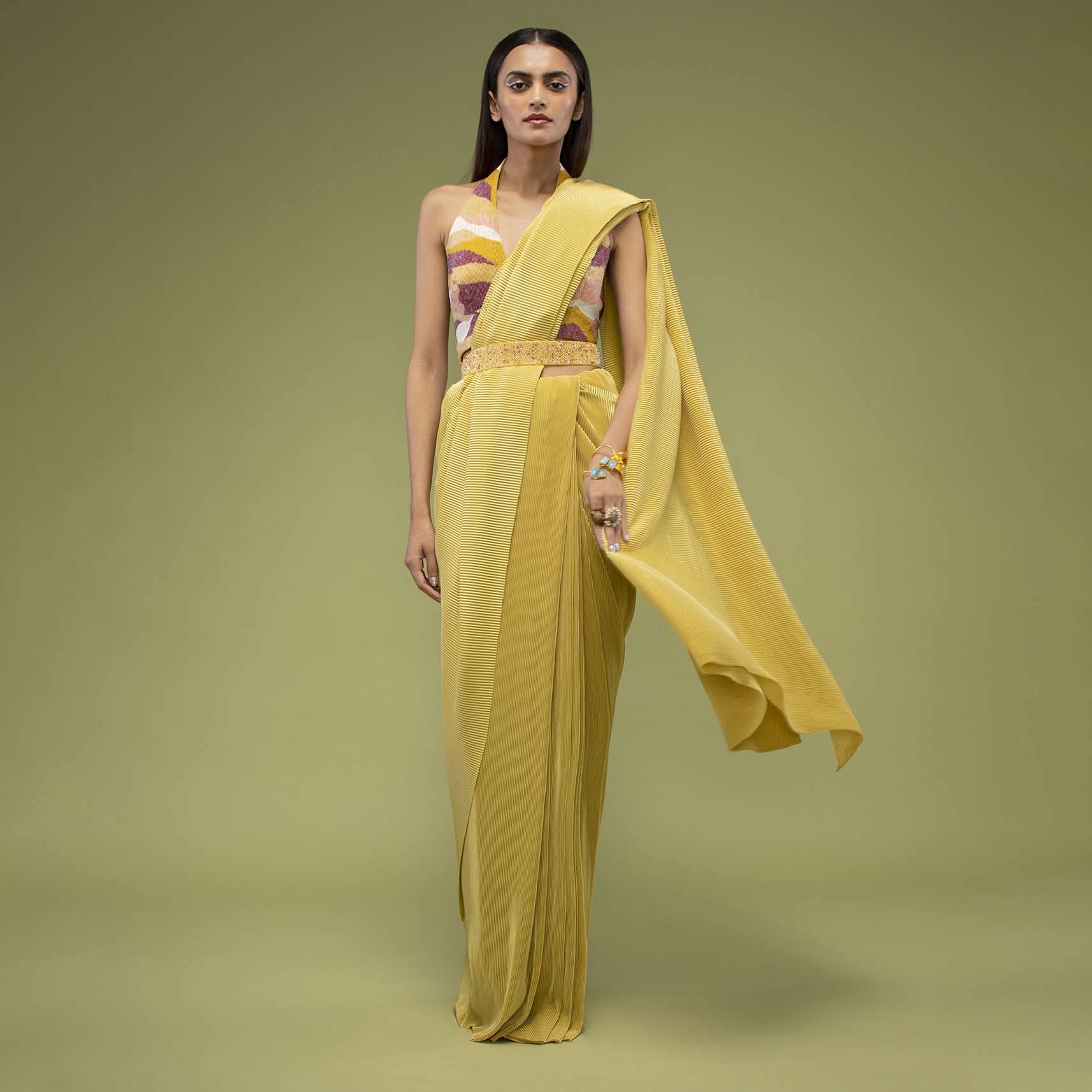 Mustard Yellow Ready-Pleated Saree In The Crush, Paired With The Crop Top In Sleeveless And A Plunging V Neckline - Image 2