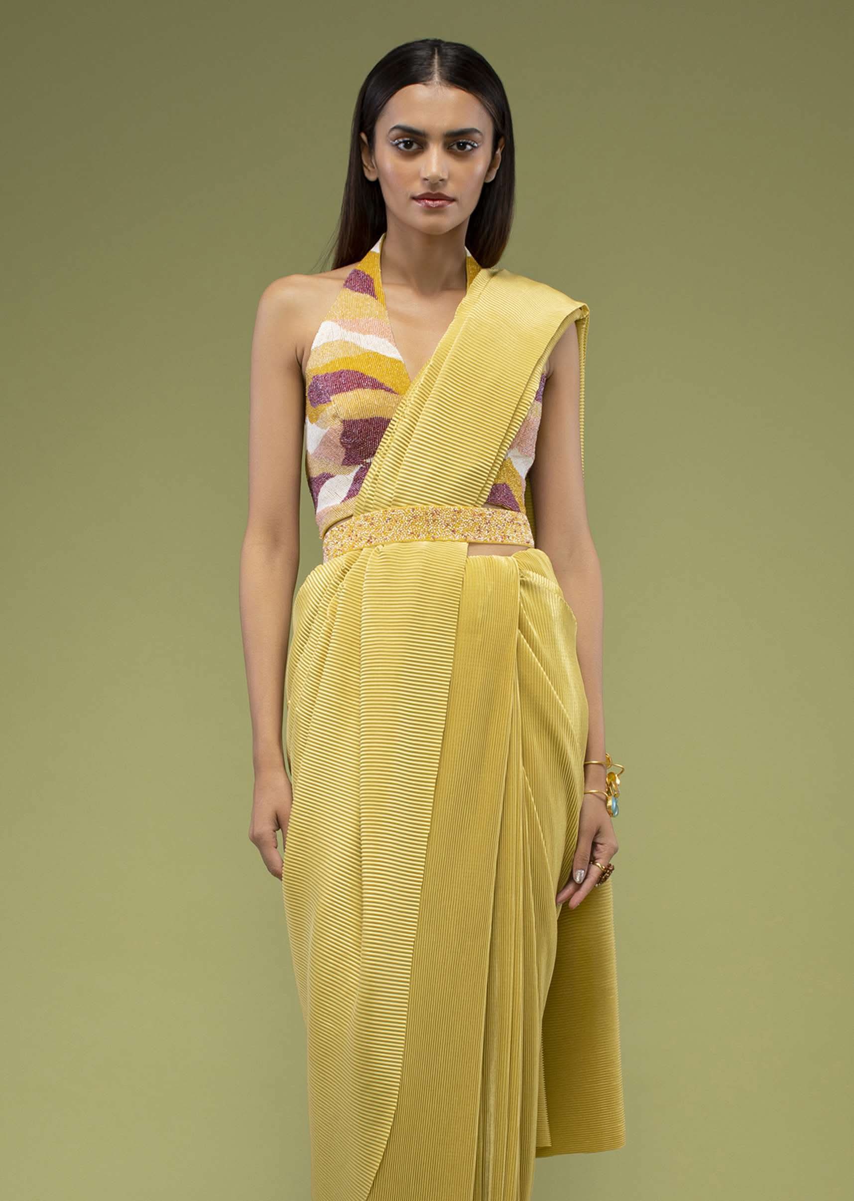 Mustard Yellow Ready-Pleated Saree In The Crush, Paired With The Crop Top In Sleeveless And A Plunging V Neckline - Image 3