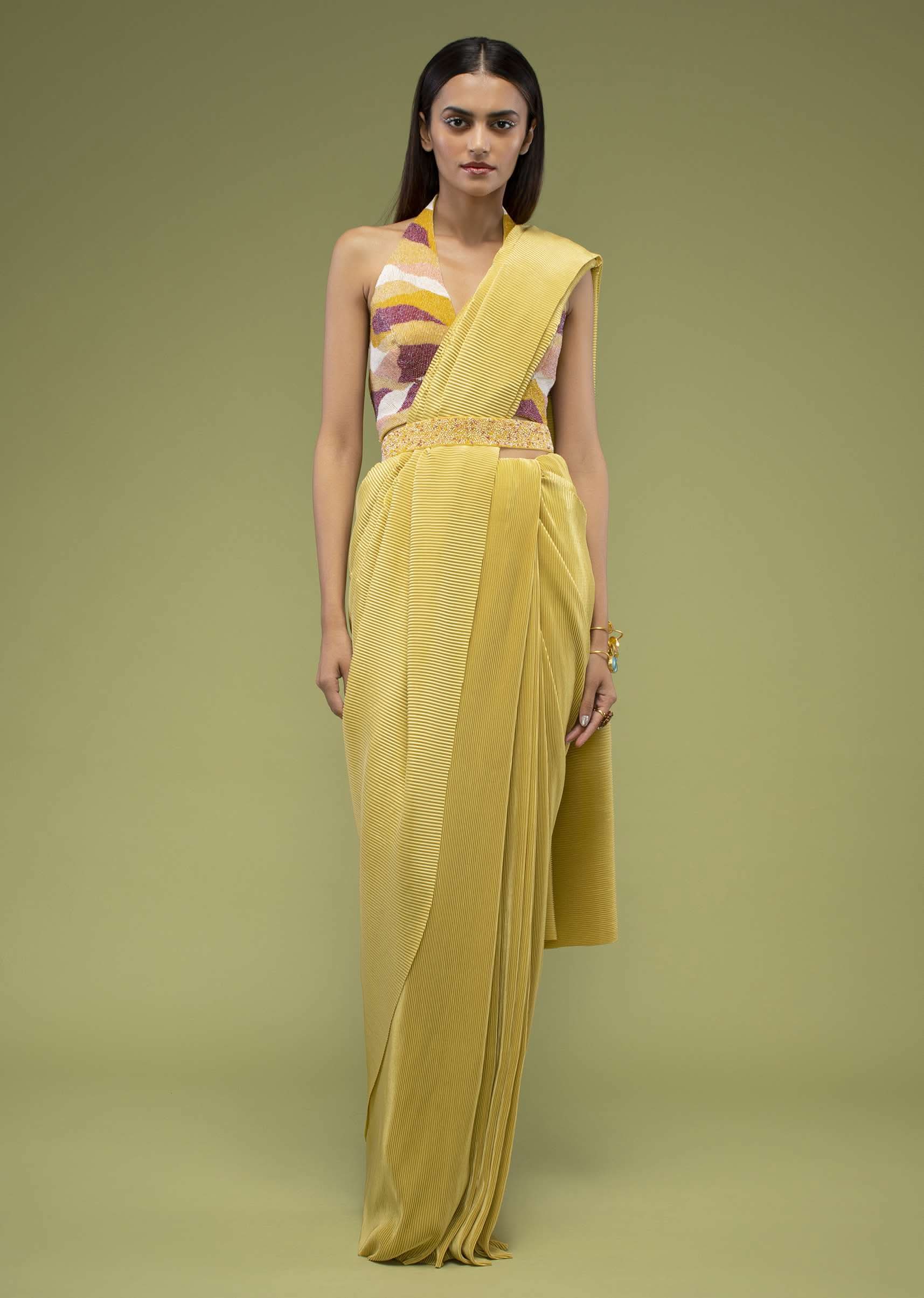 Mustard Yellow Ready-Pleated Saree In The Crush, Paired With The Crop Top In Sleeveless And A Plunging V Neckline - Image 4