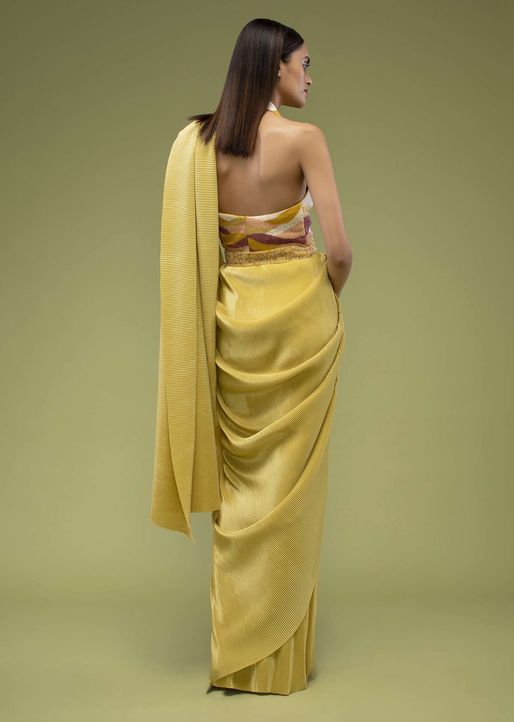 Mustard Yellow Ready-Pleated Saree In The Crush, Paired With The Crop Top In Sleeveless And A Plunging V Neckline - Image 5